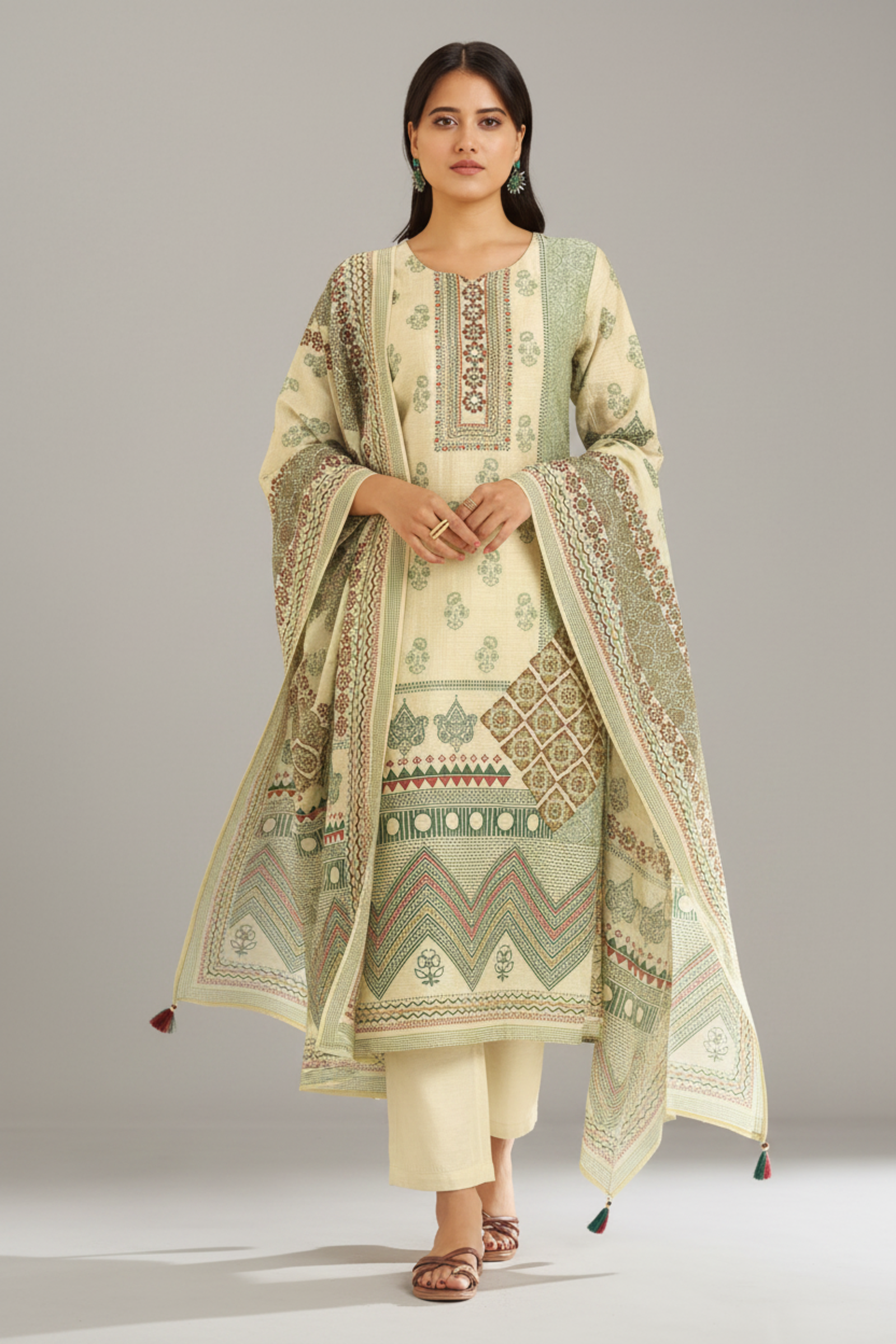 Pistachio Sage Shimmer linen Digital printed Kurta Set