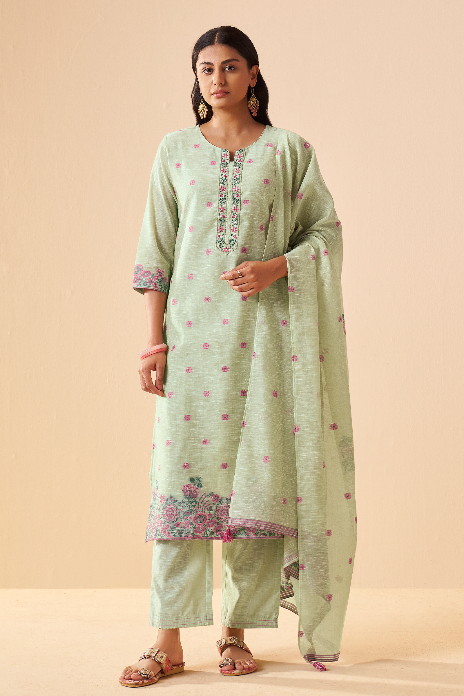 Blooming Pistachio Linen Chanderi Jacquard Kurta Set