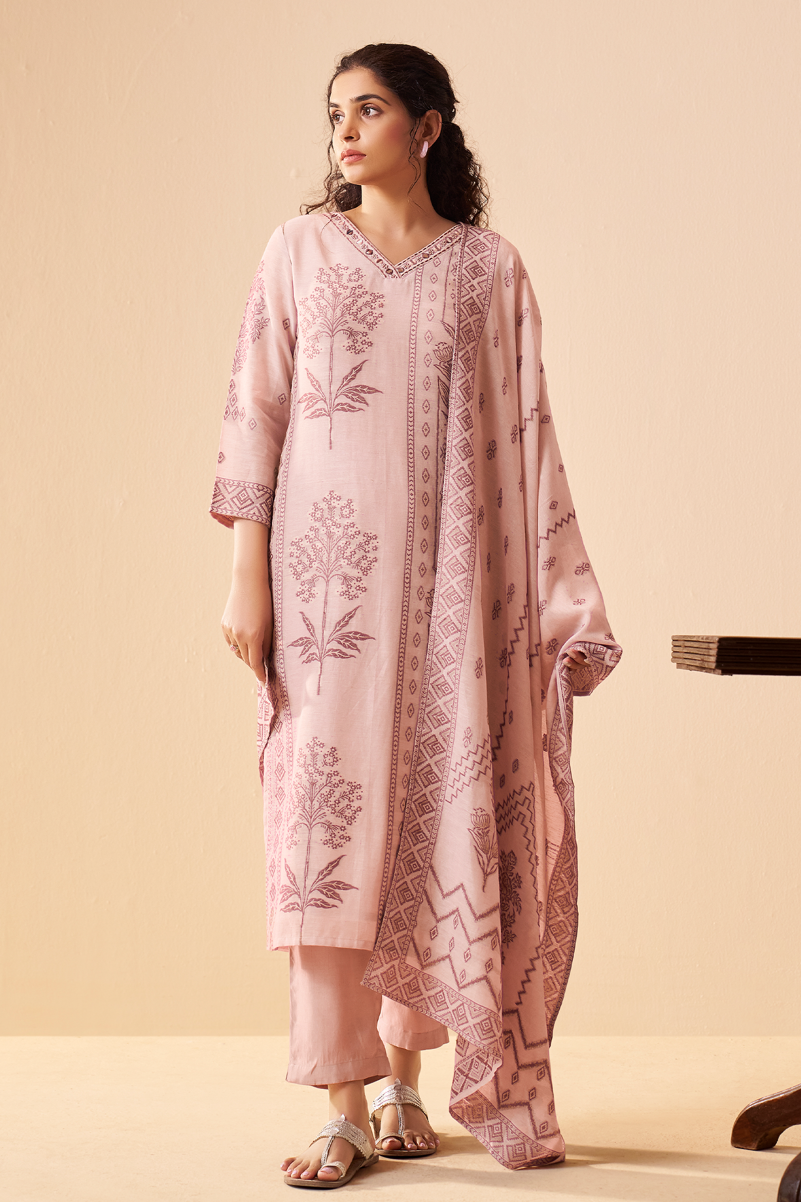 Rose Mist Linen Jacquard Kurta set