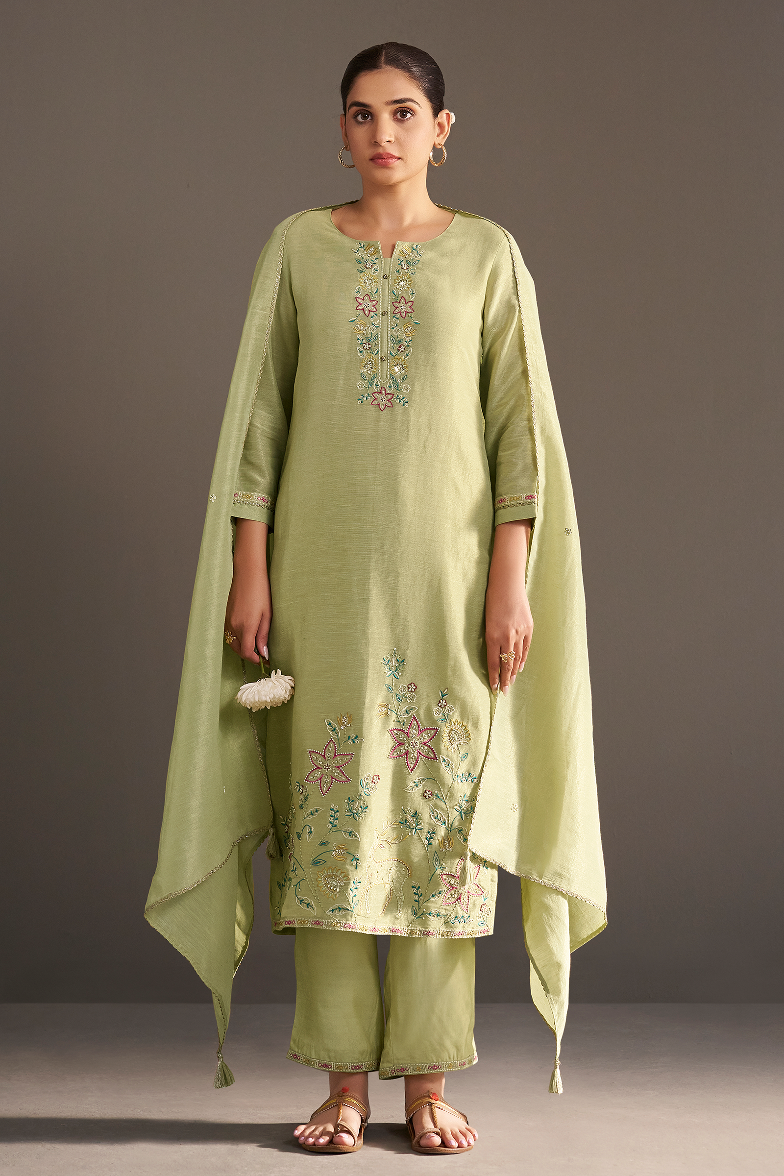Soft Olive Shimmer Linen Embroidered Kurta Set