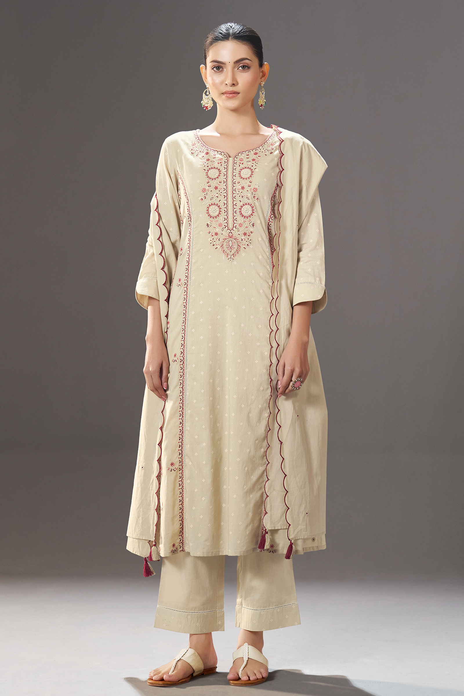 Cream Taupe Table Print Embroidered Kurta Set