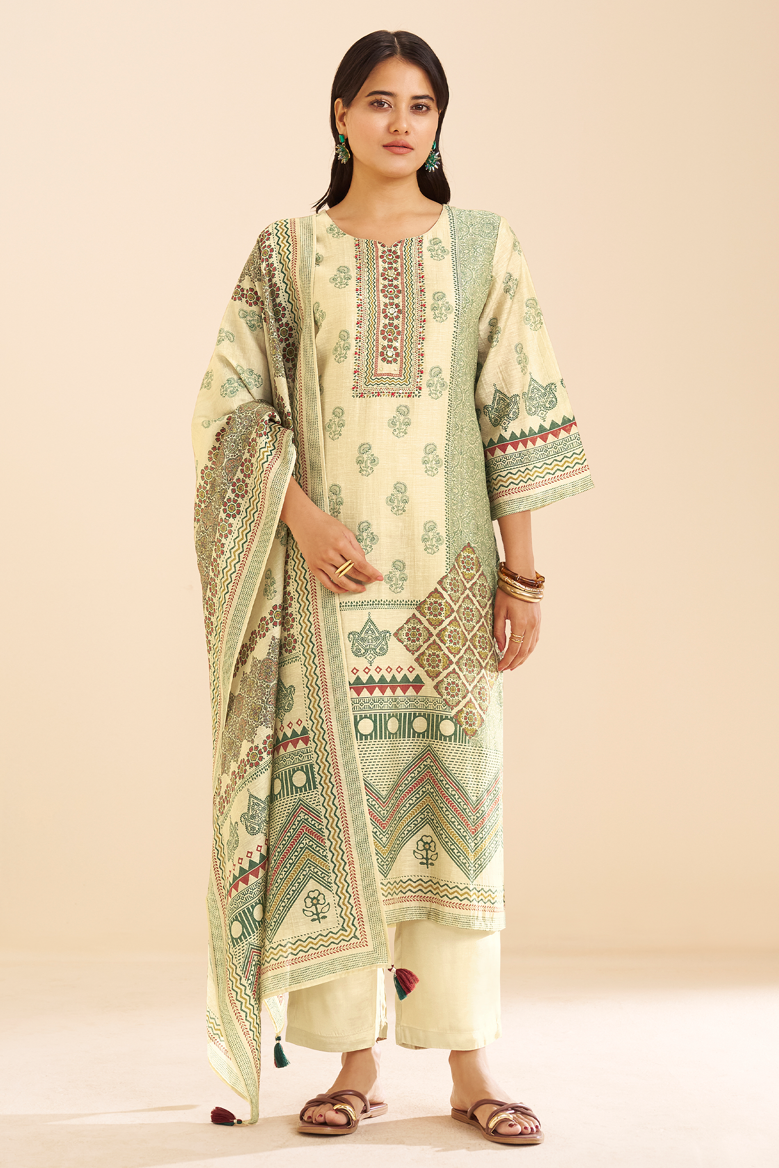 Pistachio Sage Shimmer linen Digital printed Kurta Set