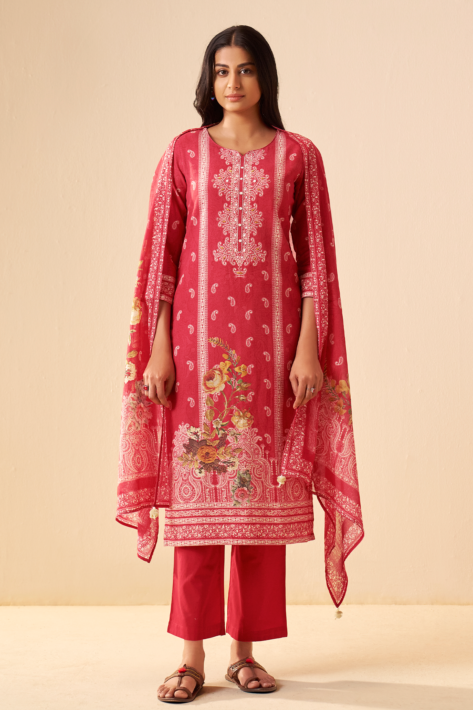 Carmine Floral Cotton Linen Digital Printed Kurta Set