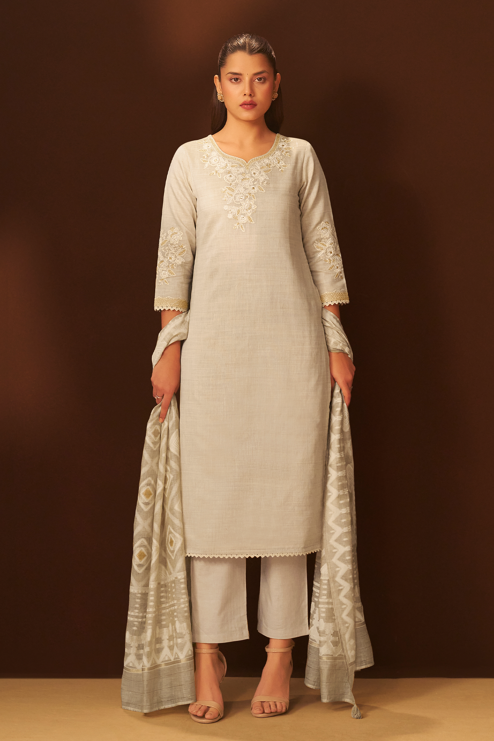 Mushroom Beige Chanderi Embroidery Kurta Set