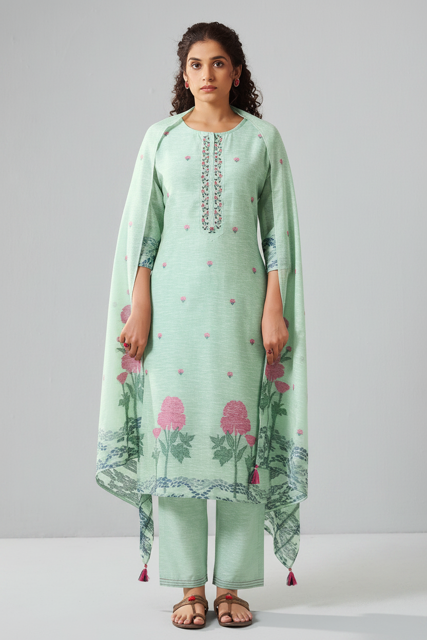 Mint Peony Linen Chanderi Jacquard Kurta Set