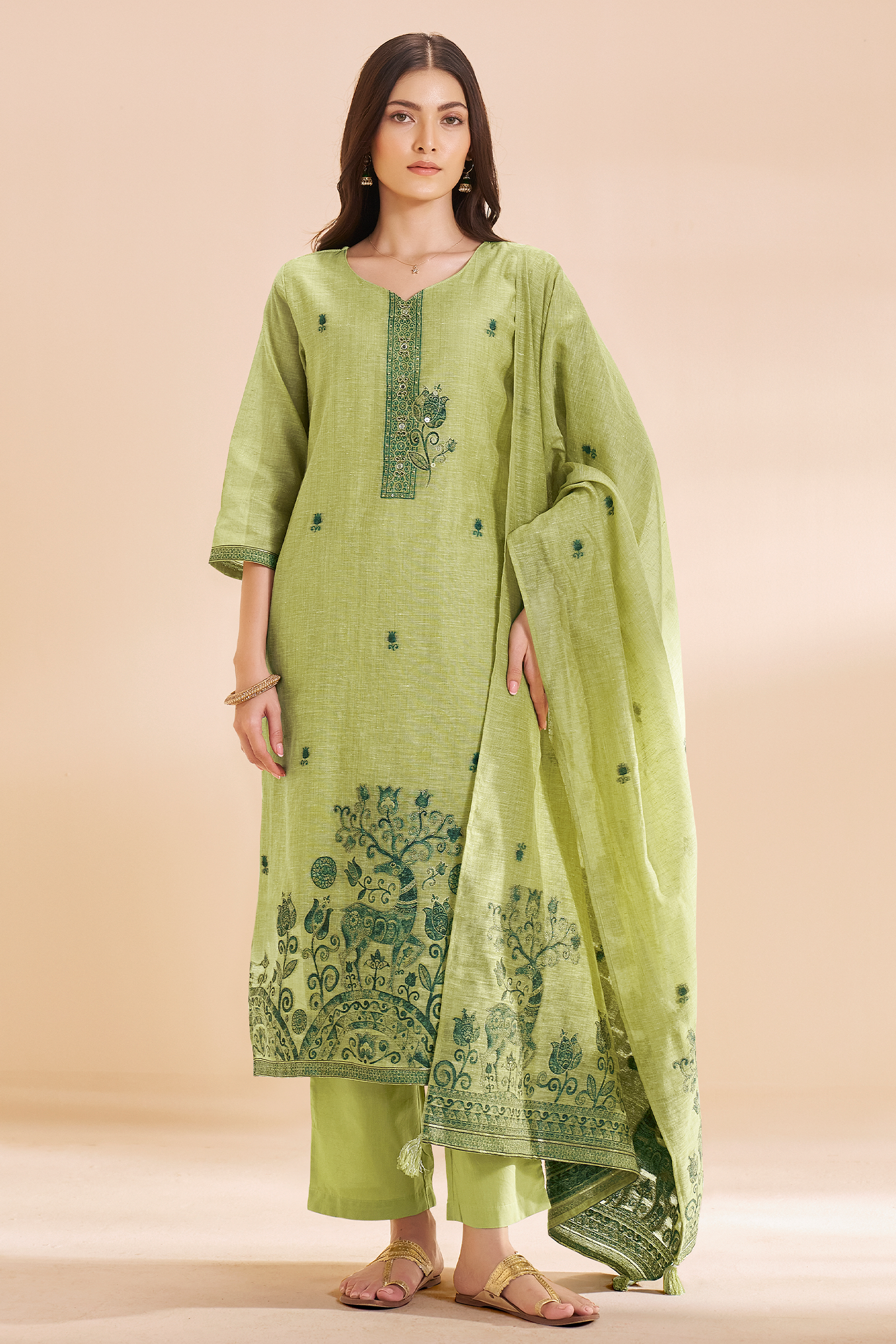 Olive Bloom Linen Chanderi Jacquard Kurta Set