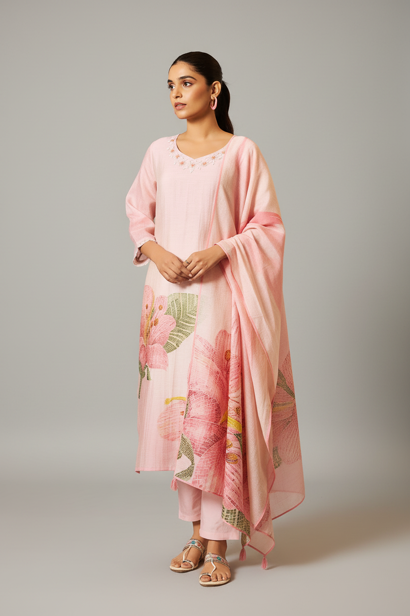 Soft Lotus Pink Shimmer Linen Digital Print Kurta Set