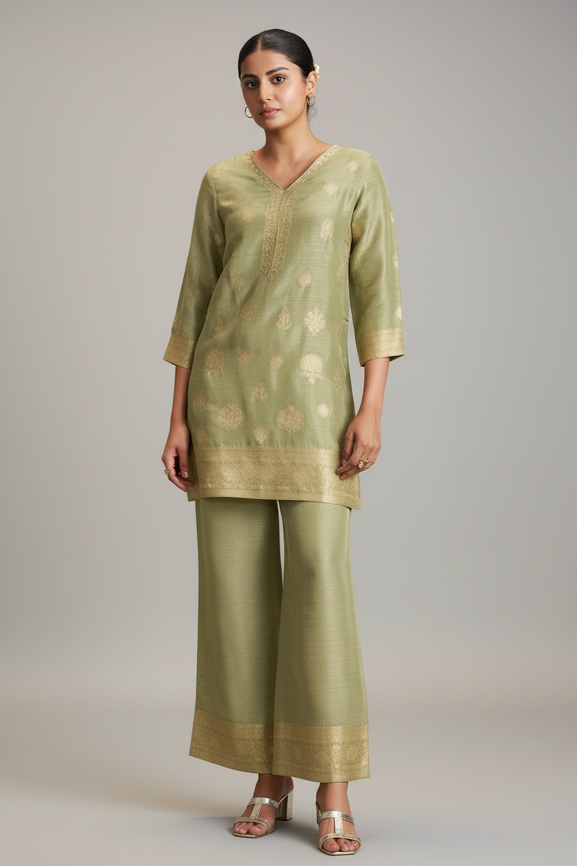 Sage Gold Linen Jacquard Co-Ord Set