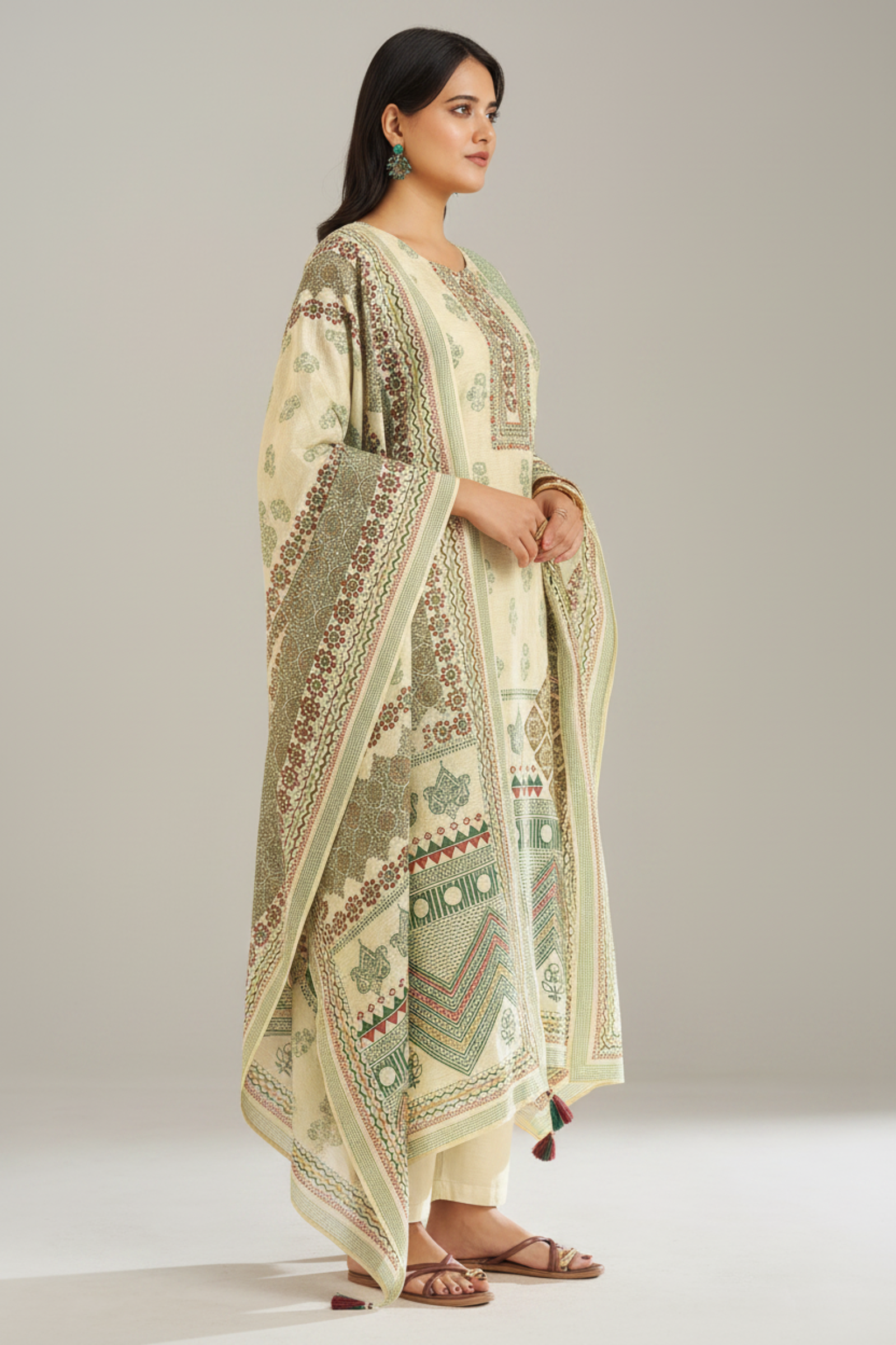 Pistachio Sage Shimmer linen Digital printed Kurta Set