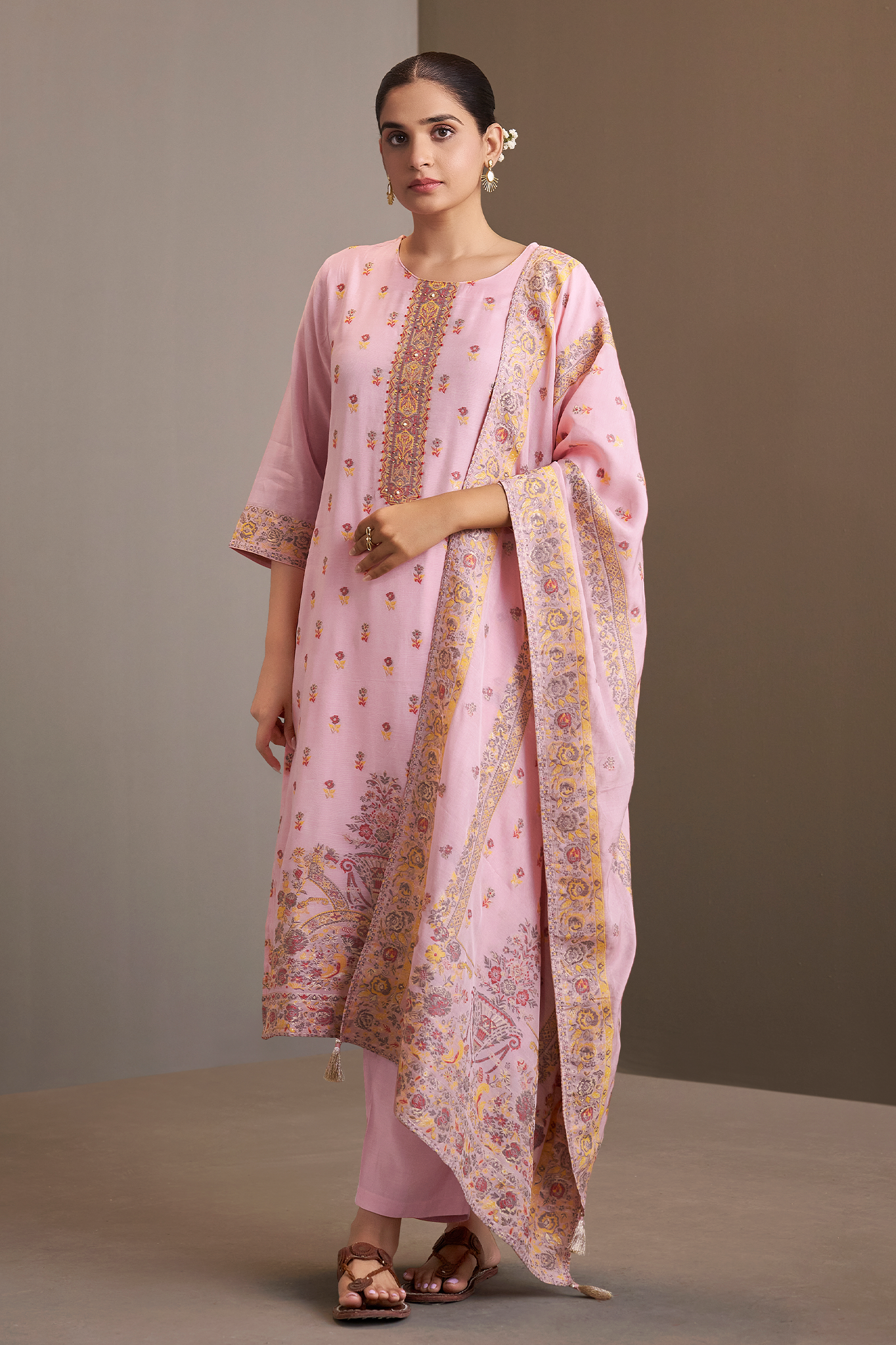 Rose Quartz Pink Chanderi Multi-Meena Work Jacquard Kurta Set