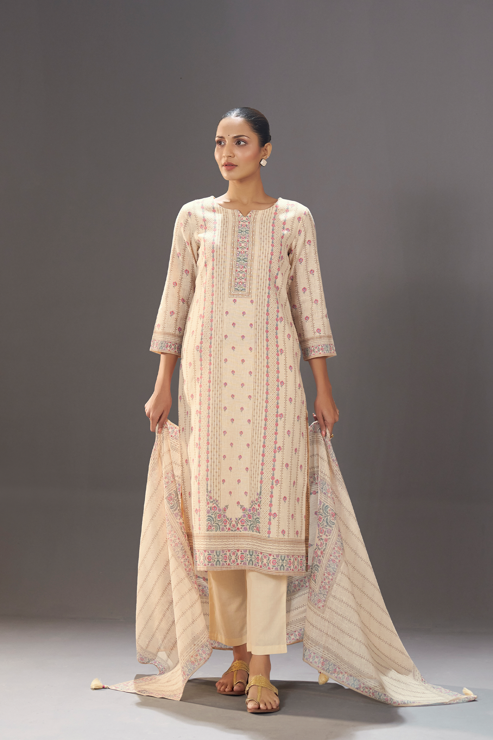 Ivory Petal Vine Linen Cotton Digital Printed Kurta Set