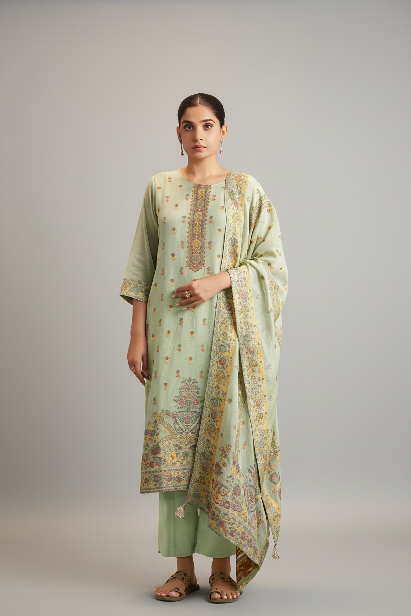 Soft Celadon Chanderi Multi-Meena Work Jacquard Kurta Set