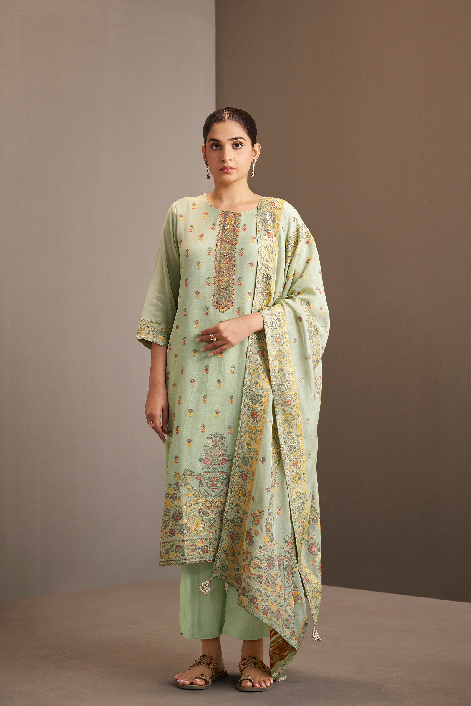 Soft Celadon Chanderi Multi-Meena Work Jacquard Kurta Set