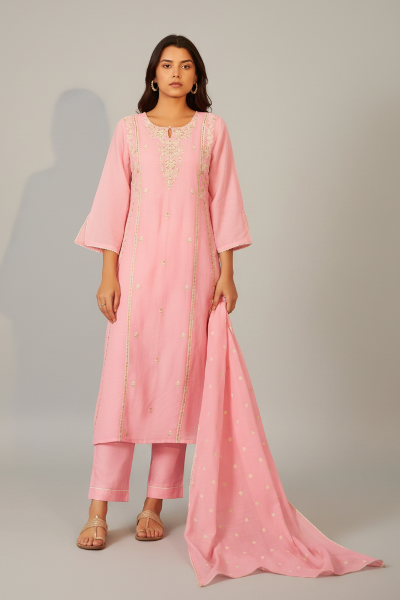 Ballet Rose Mul Chanderi A-Line Embroidery Kurta Set