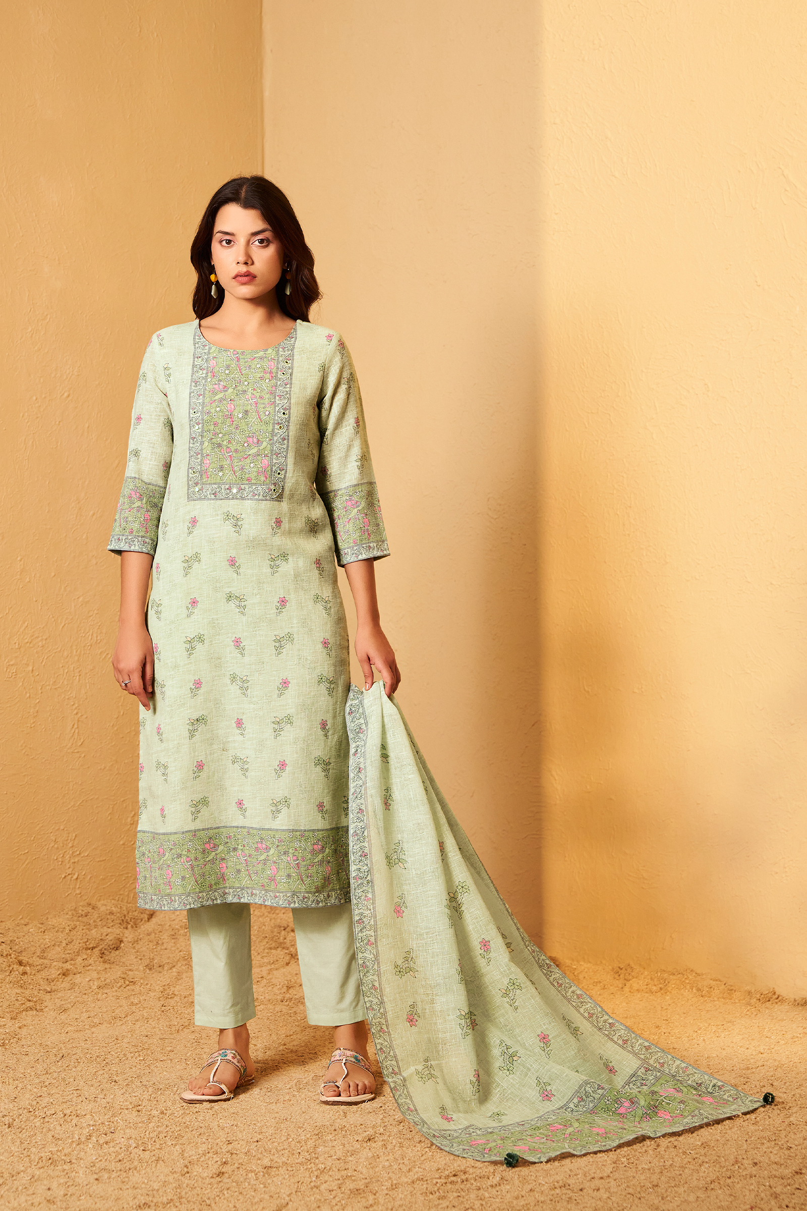 Ivory Mint Digital Printed Embroidered Kurta Set