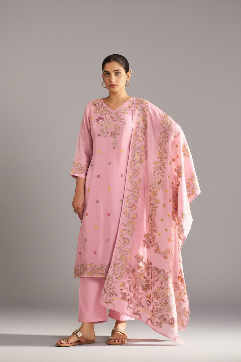 Soft Peony Chanderi Multi-Meena Work Jacquard Kurta Set