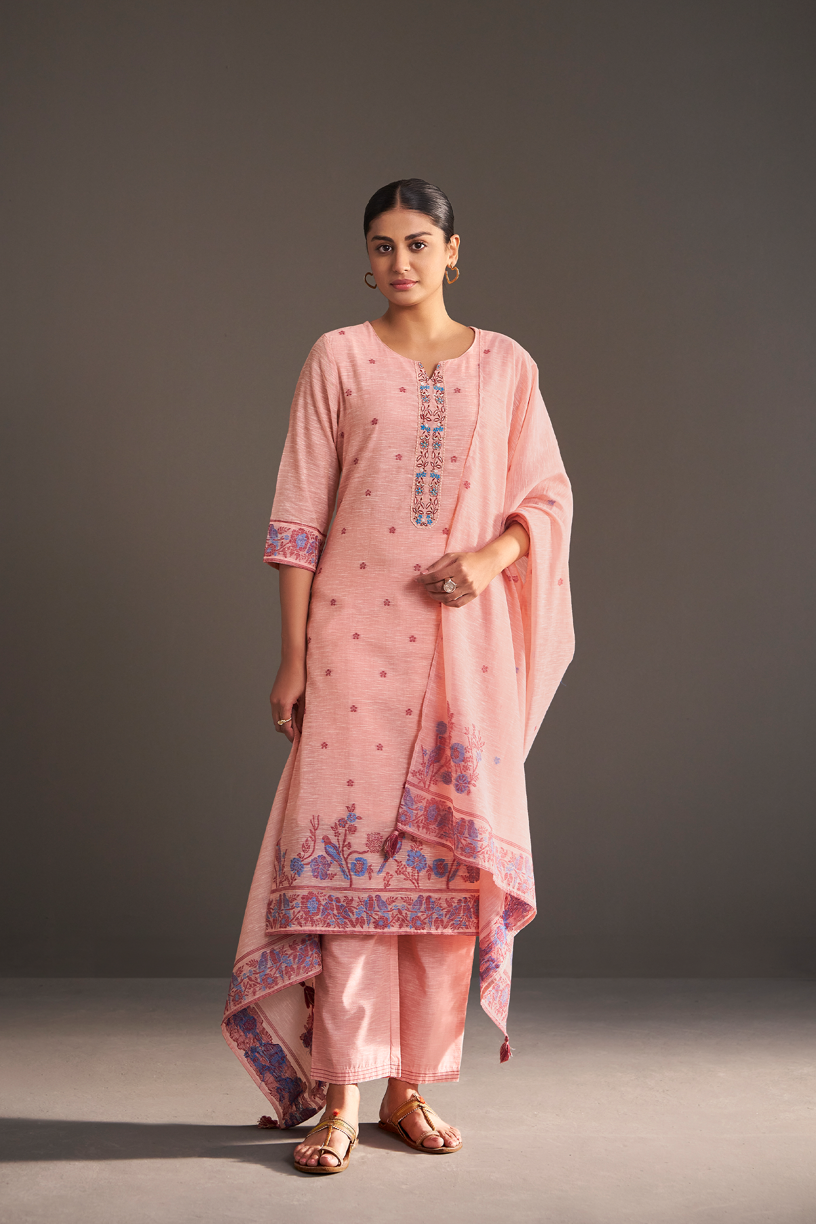 Blush Berry Linen Chanderi Jacquard Kurta Set