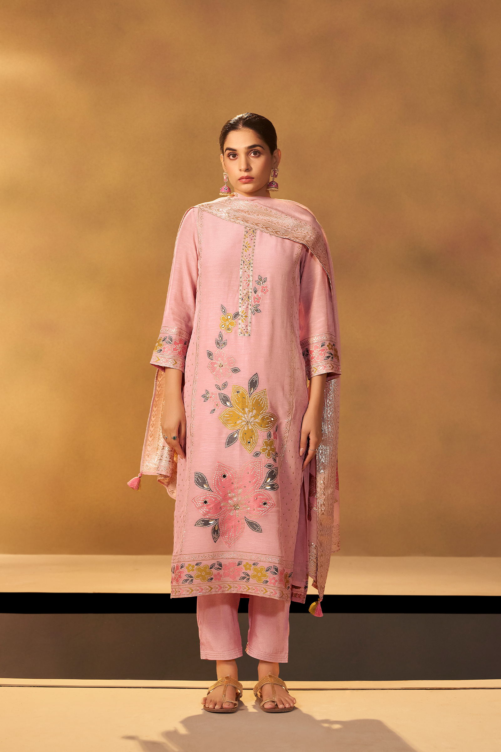 Blush Apricot Linen Jacquard Multi Meena Kurta Set