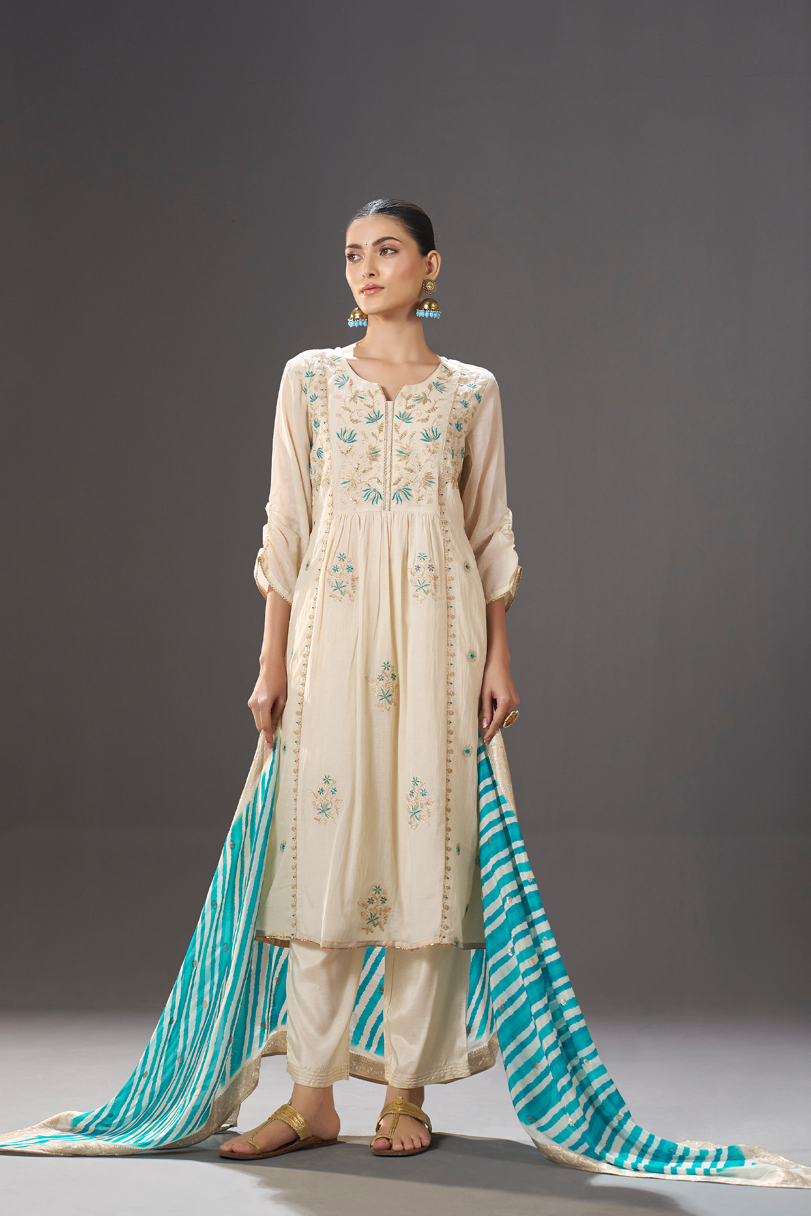Turquoise Pearl Embroidery Kurta Set with Leheriya Dupatta