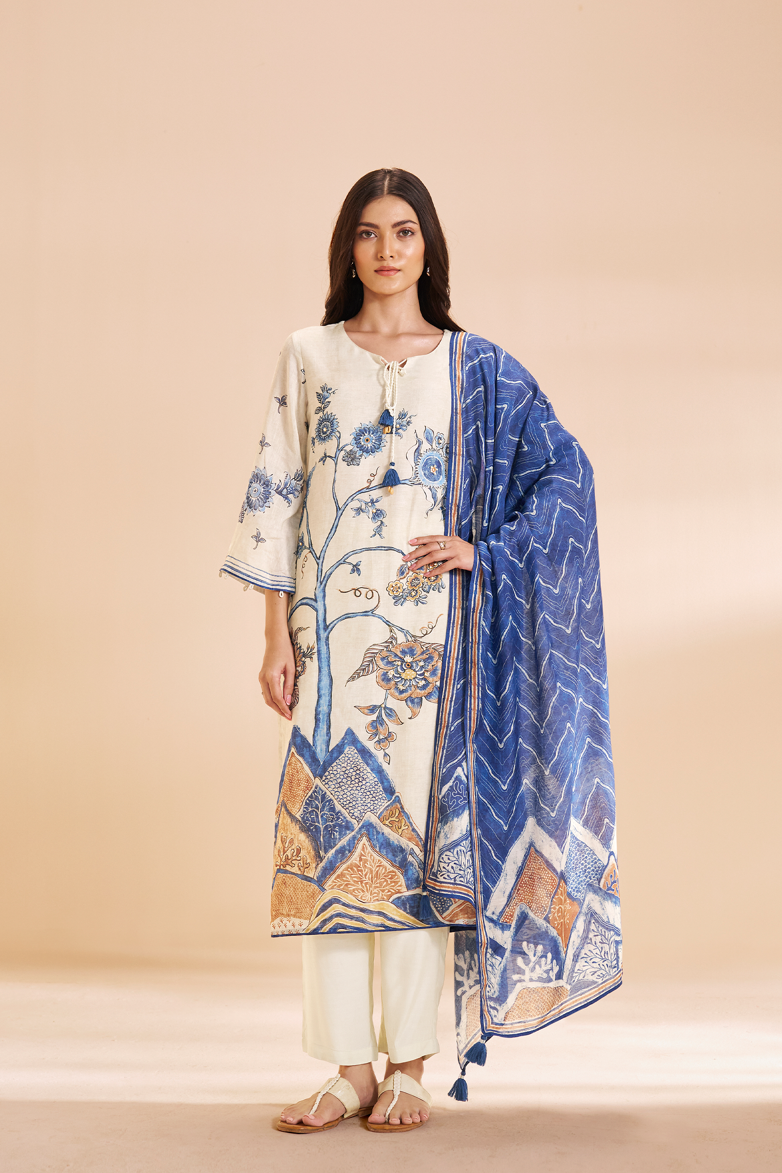 Ivory Azure Botanica Pure Chanderi Digital Printed Kurta Set