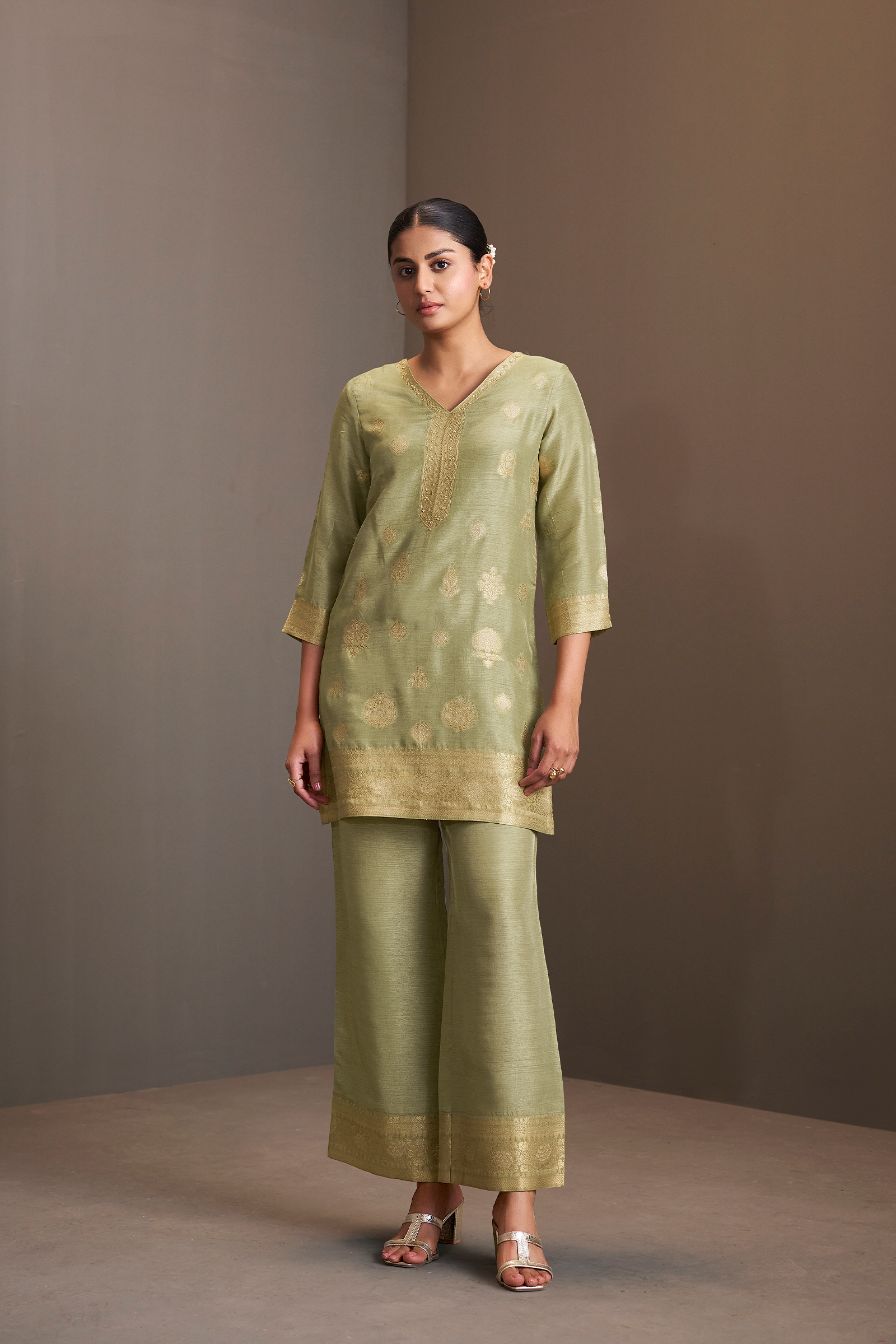 Sage Gold Linen Jacquard Co-Ord Set