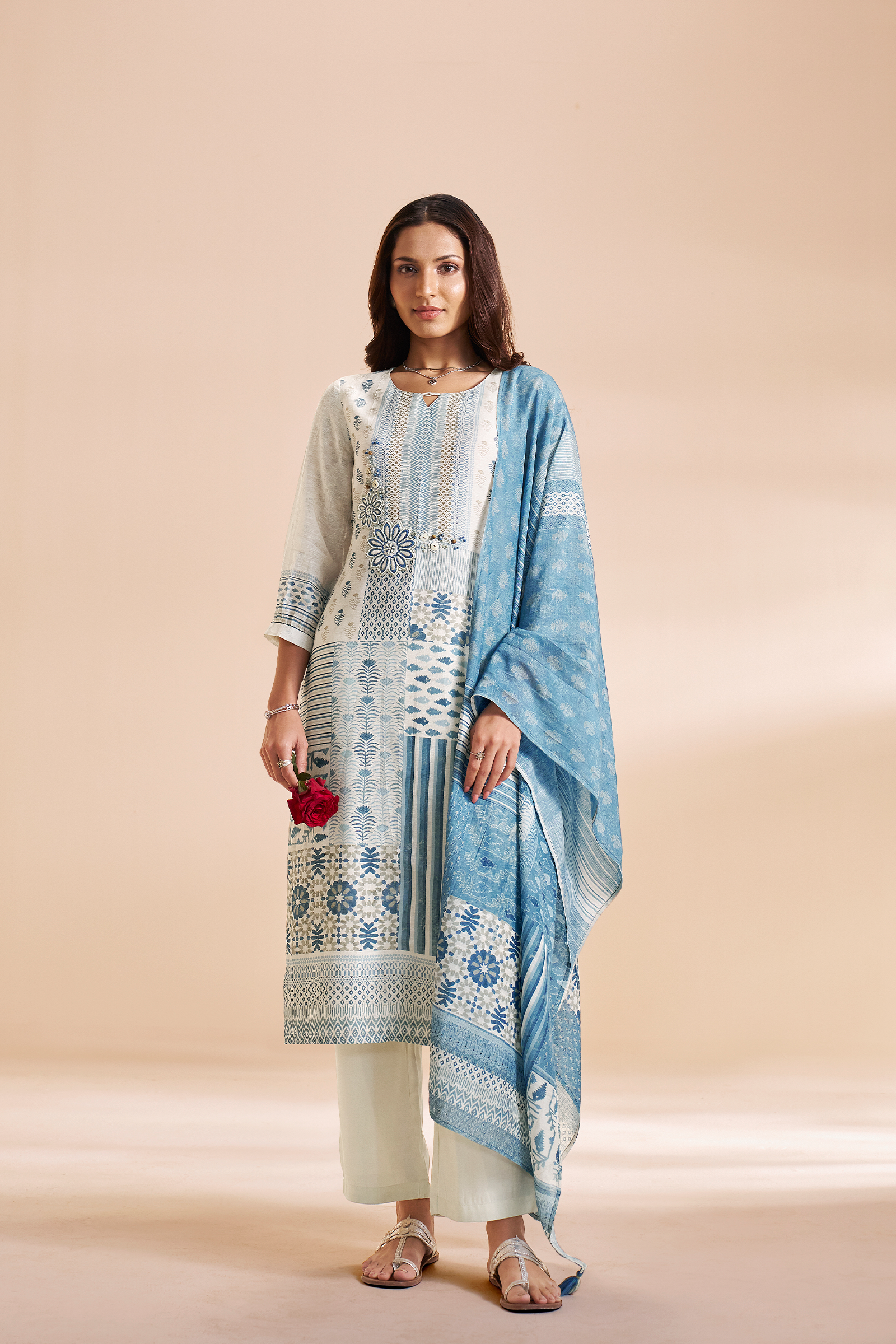 Moonstone white aqua Mosaic Pure Chanderi Digital Printed Kurta Set