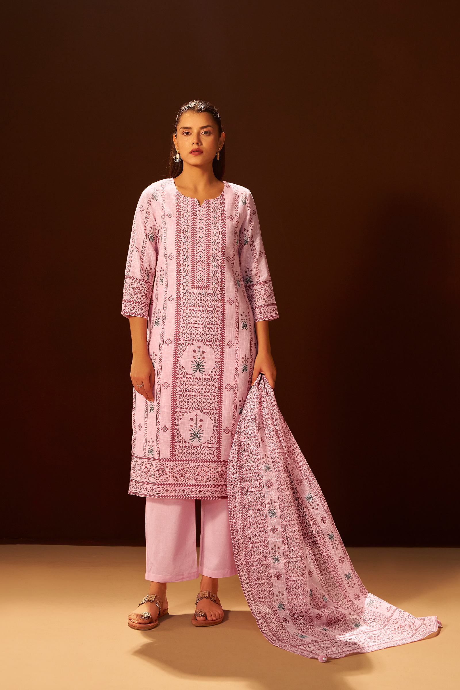 Pastel Rosé Linen Cotton Digital Print Kurta Set