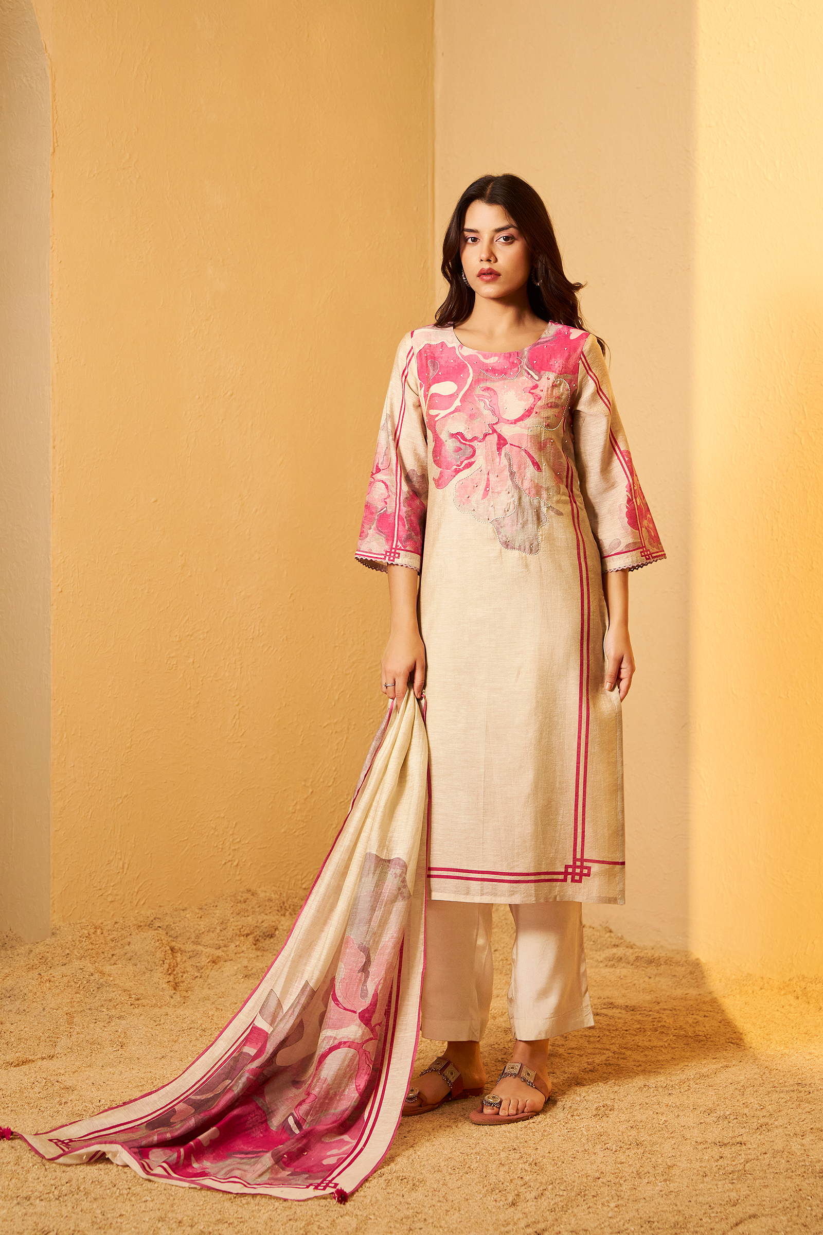 Beige Bloom Shimmer Linen Digital Print Kurta Set