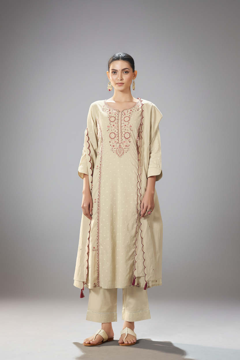 Cream Taupe Table Print Embroidered Kurta Set