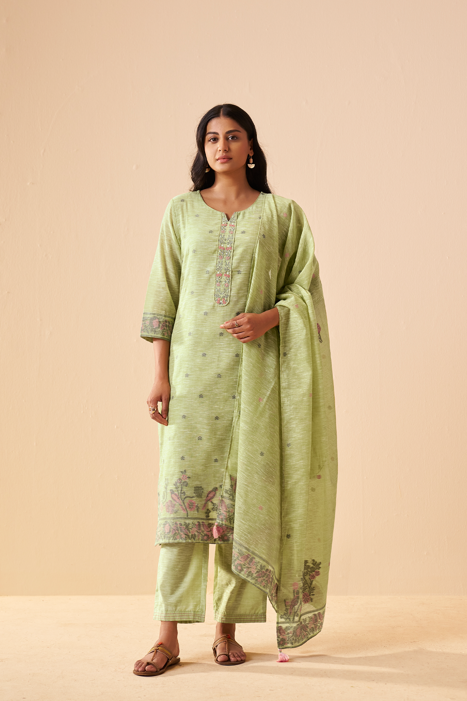 Sage Garden Linen Chanderi Jacquard Kurta Set
