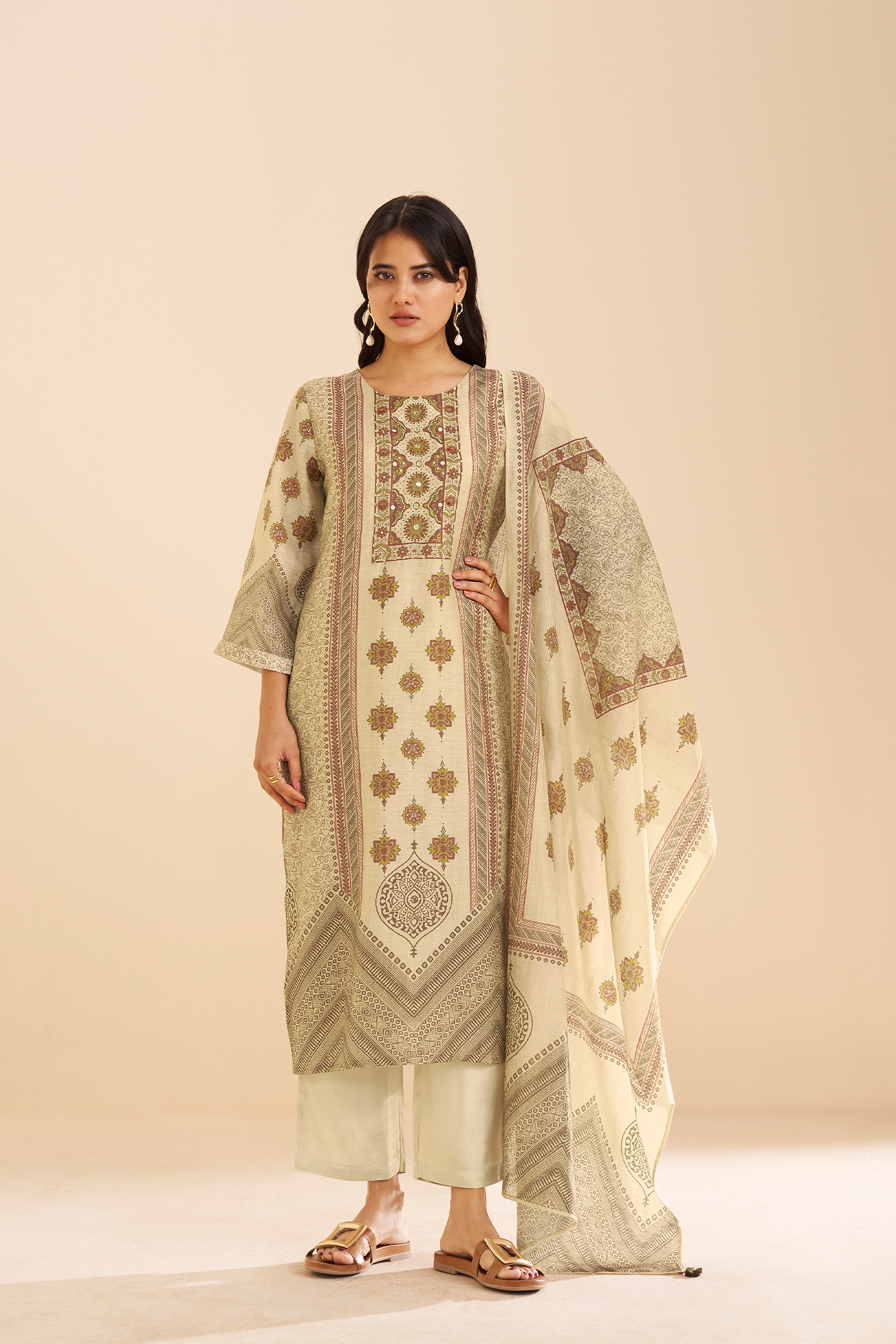 Mughal Parchment Shimmer linen Digital printed Kurta Set