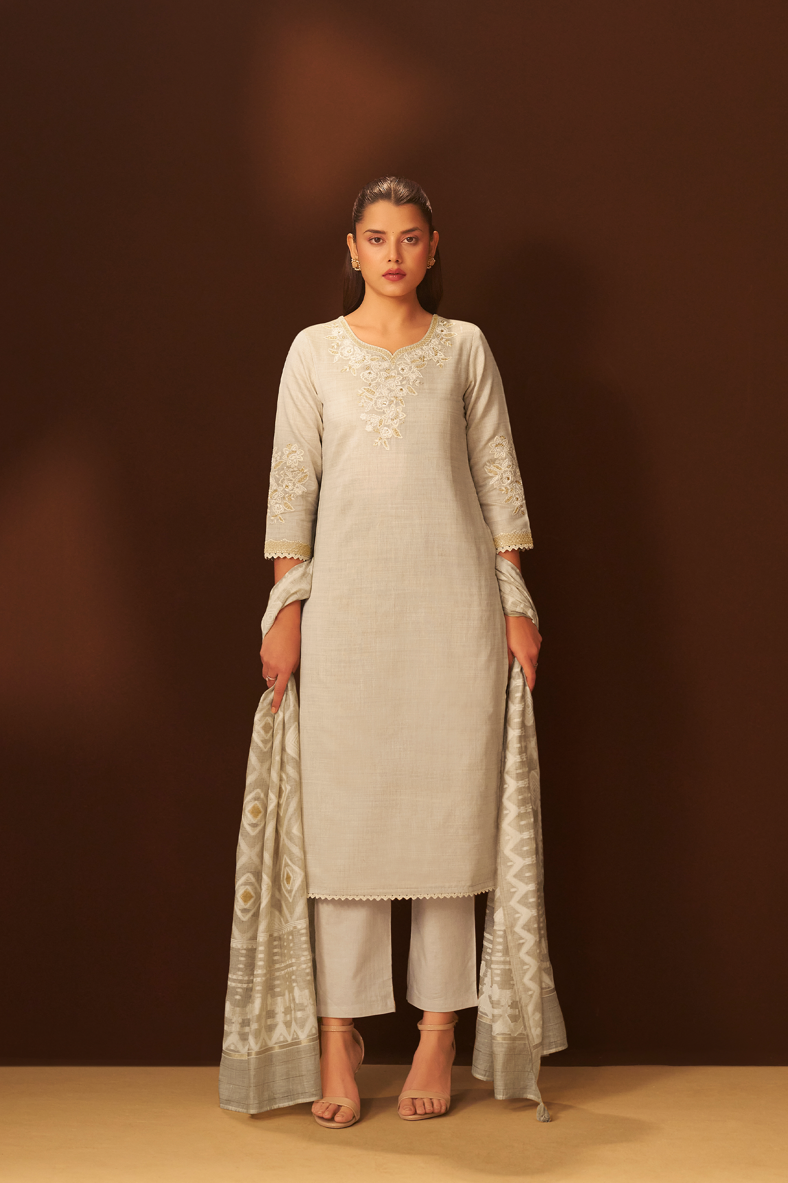 Mushroom Beige Chanderi Embroidery Kurta Set