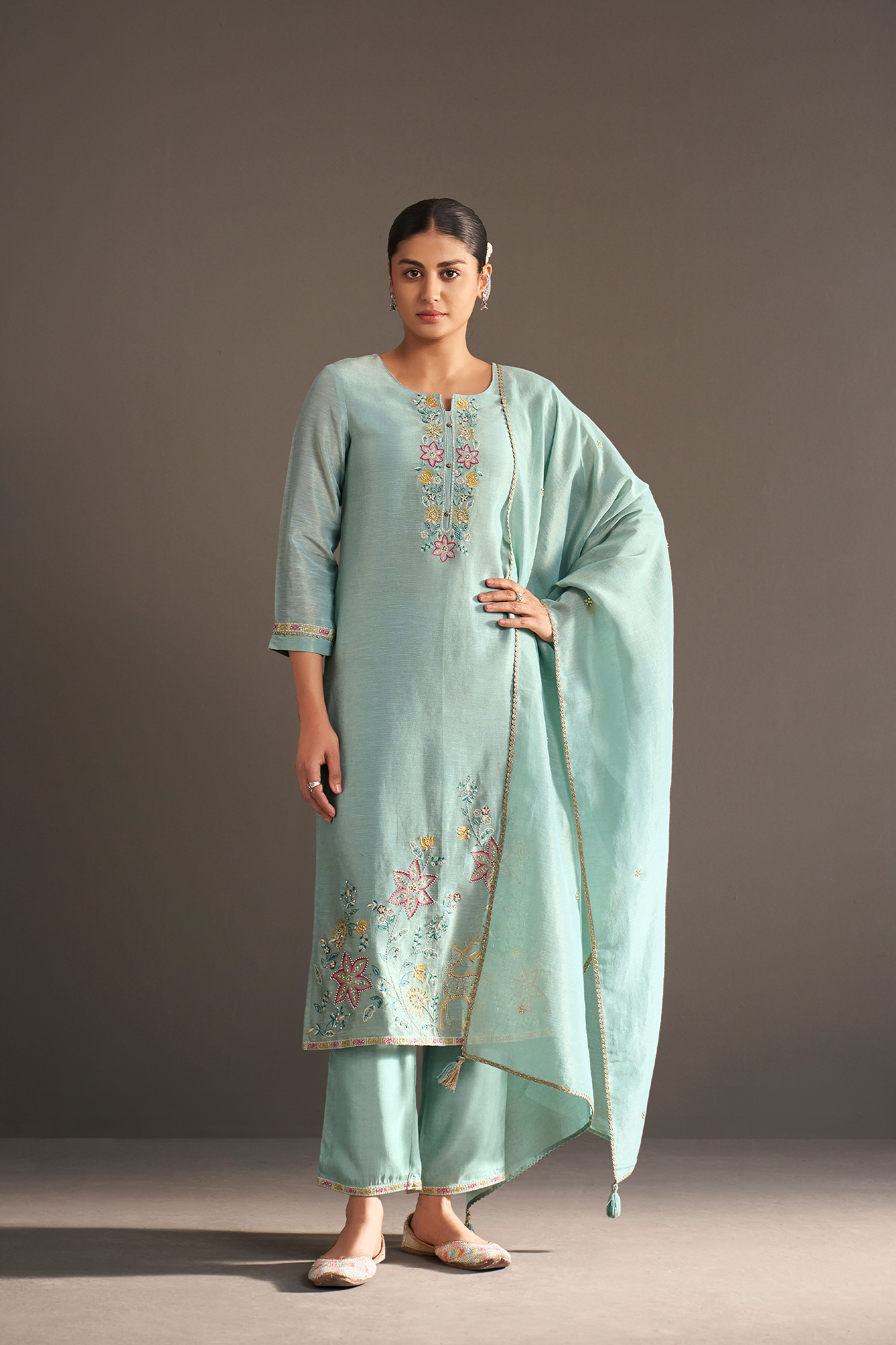 Seafoam Blue Shimmer Linen Embroidered Kurta Set