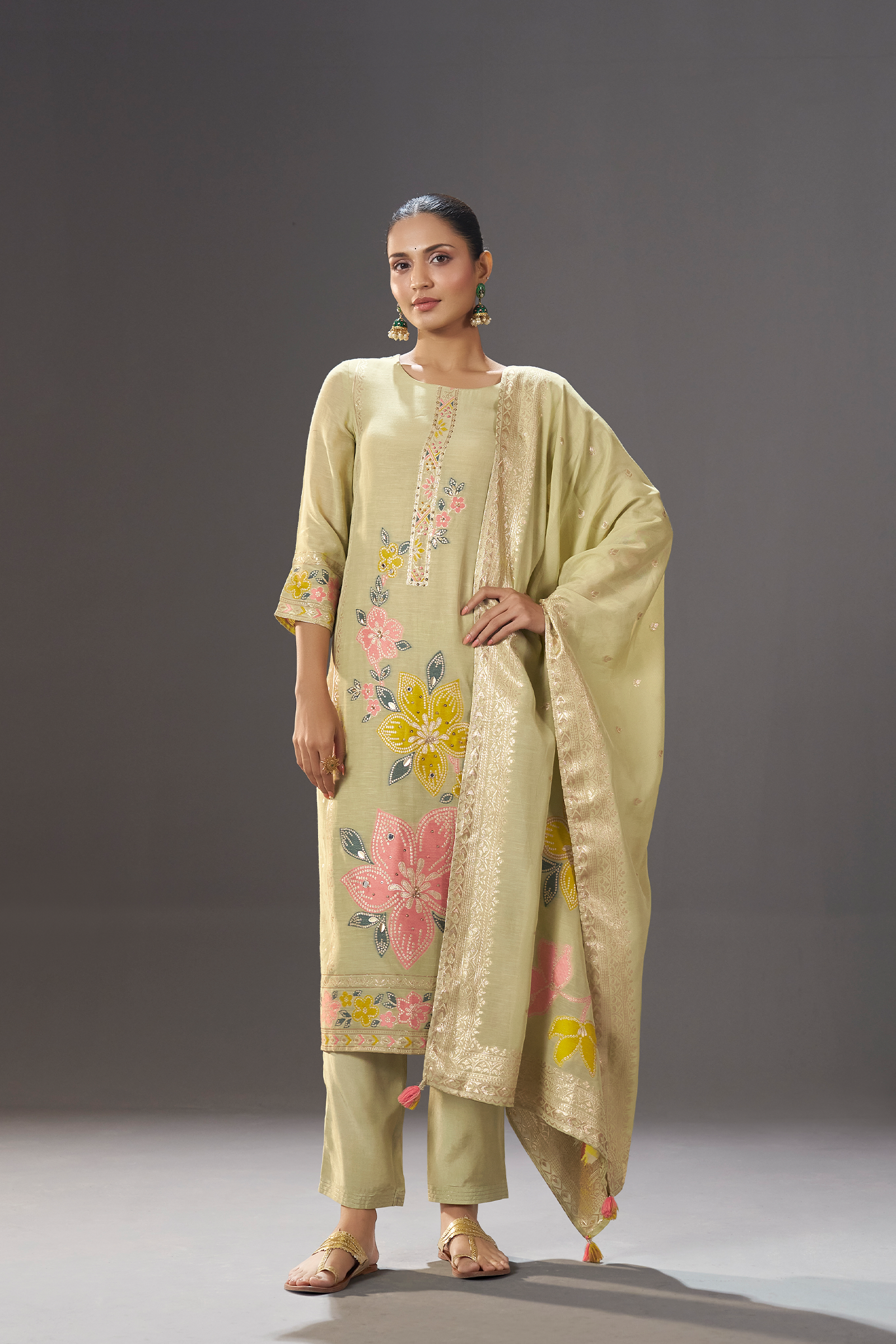 Sage Floral Reverie Viscose Linen Jacquard Multi Meena Kurta Set