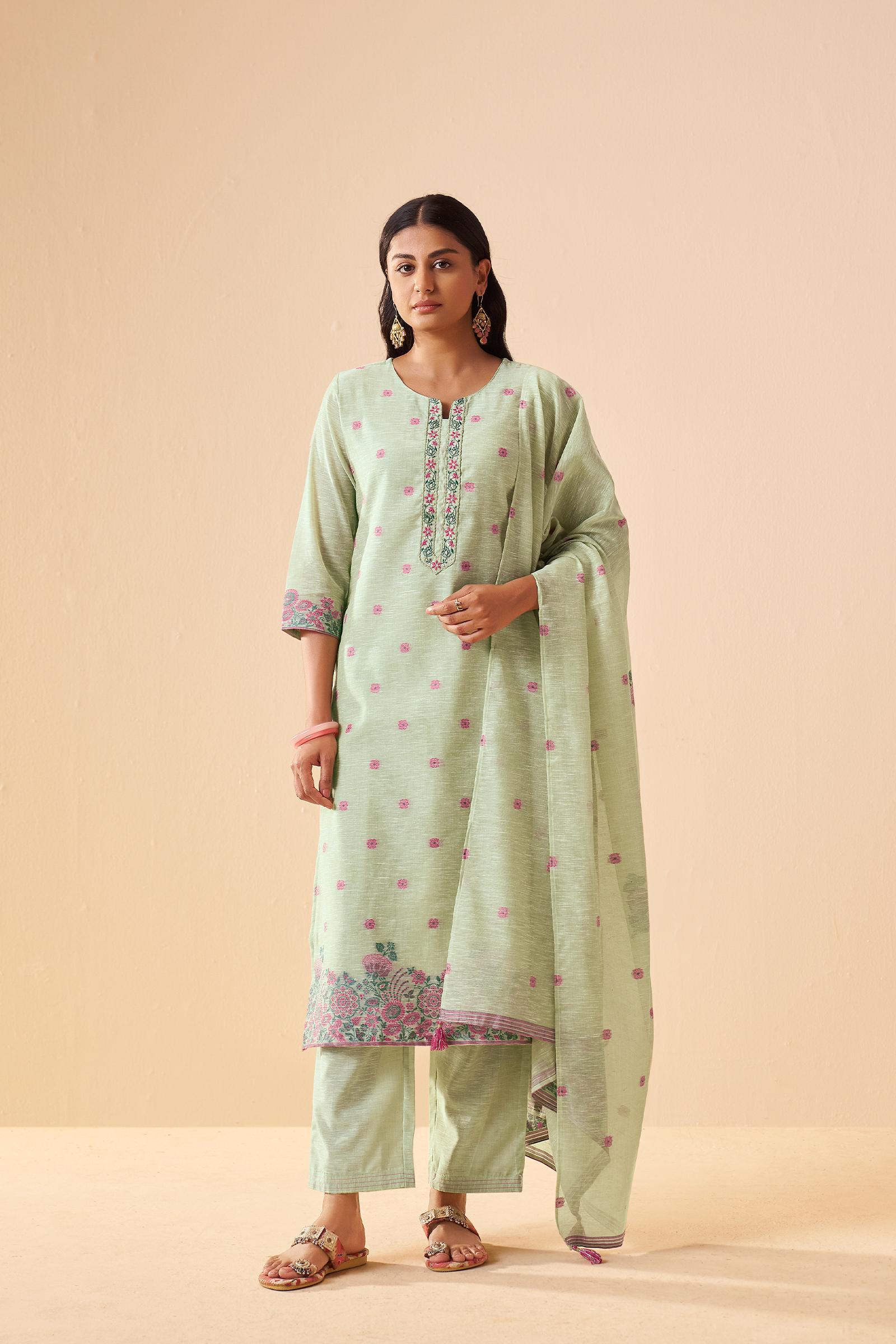 Blooming Pistachio Linen Chanderi Jacquard Kurta Set