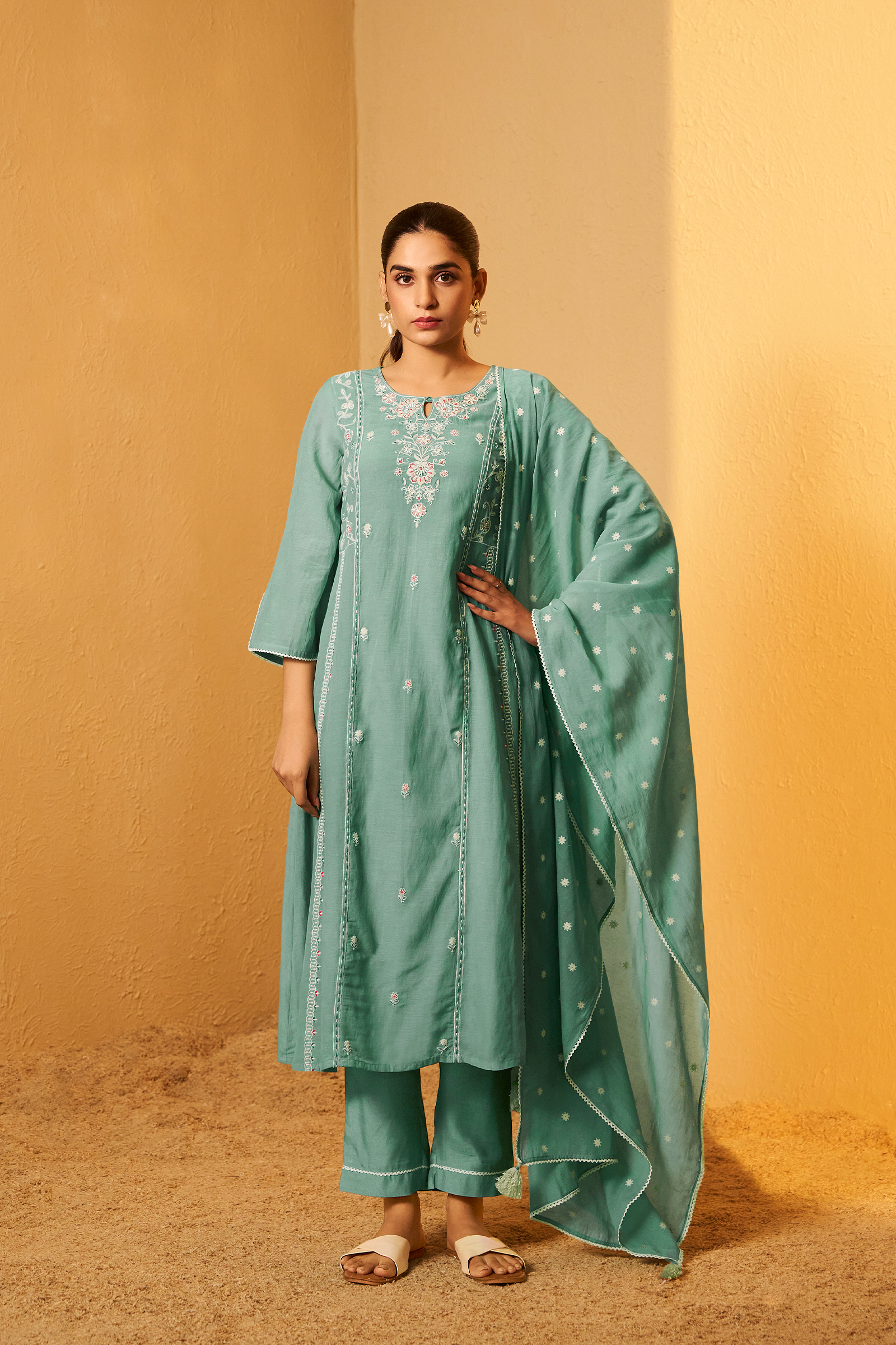 Ocean Mint Mul Chanderi Embroidered Kurta Set