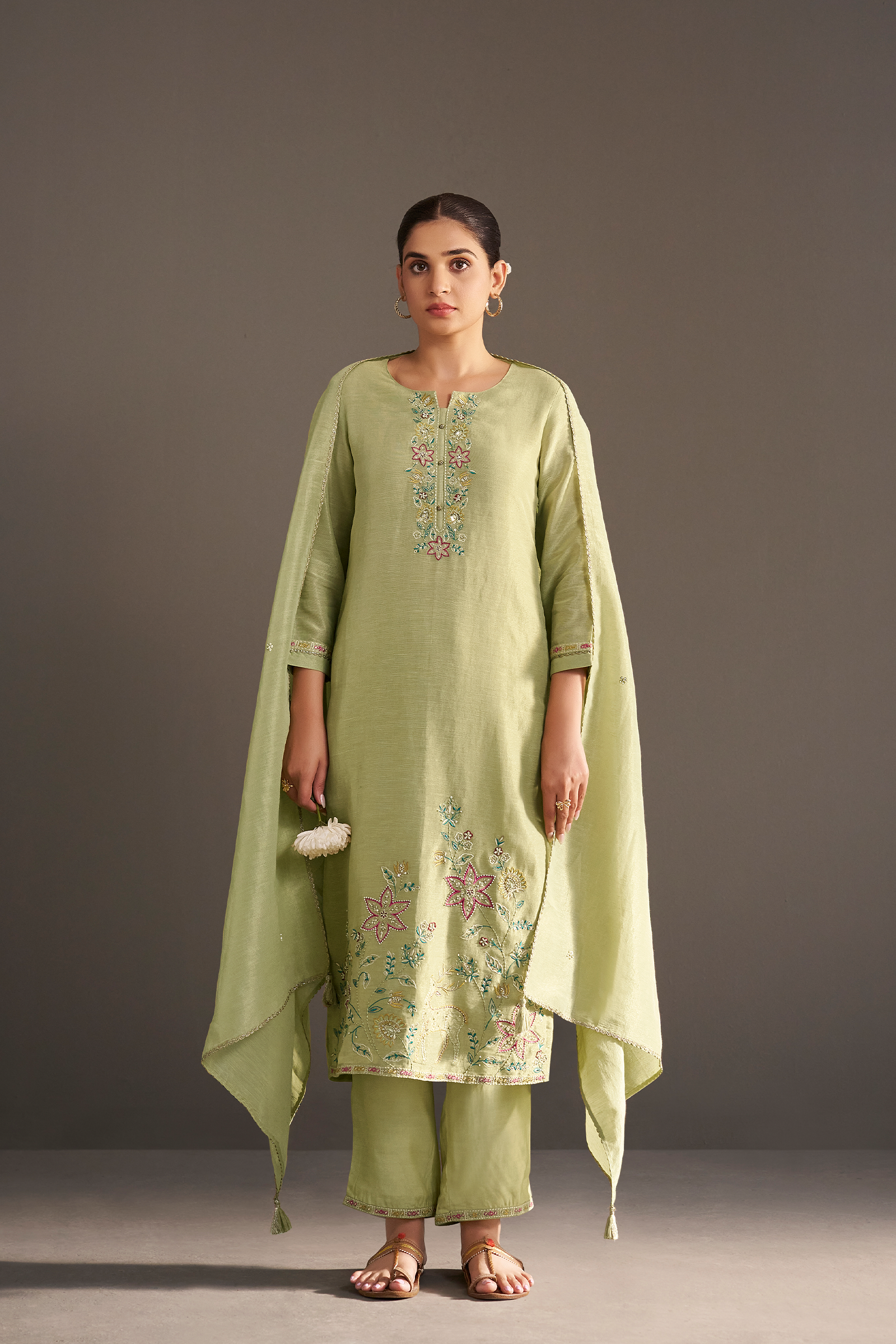 Soft Olive Shimmer Linen Embroidered Kurta Set