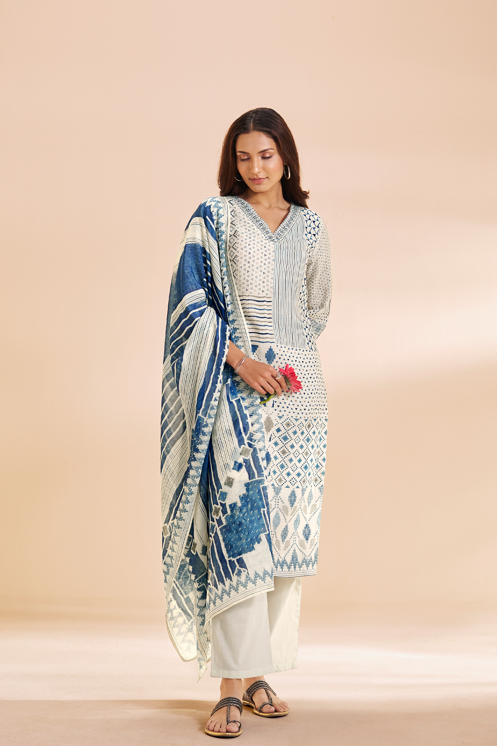 Porcelain White Mosaic Pure Chanderi Digital Printed Kurta Set
