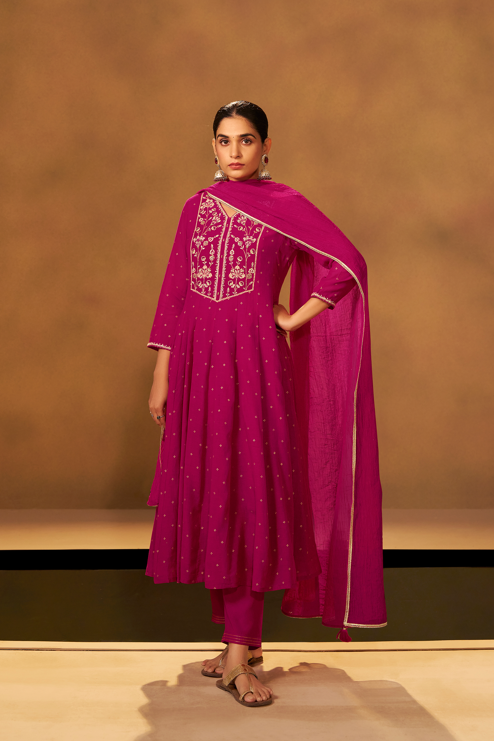 Bold Magenta Mul Chanderi Table Print Anarkali Kurta Set