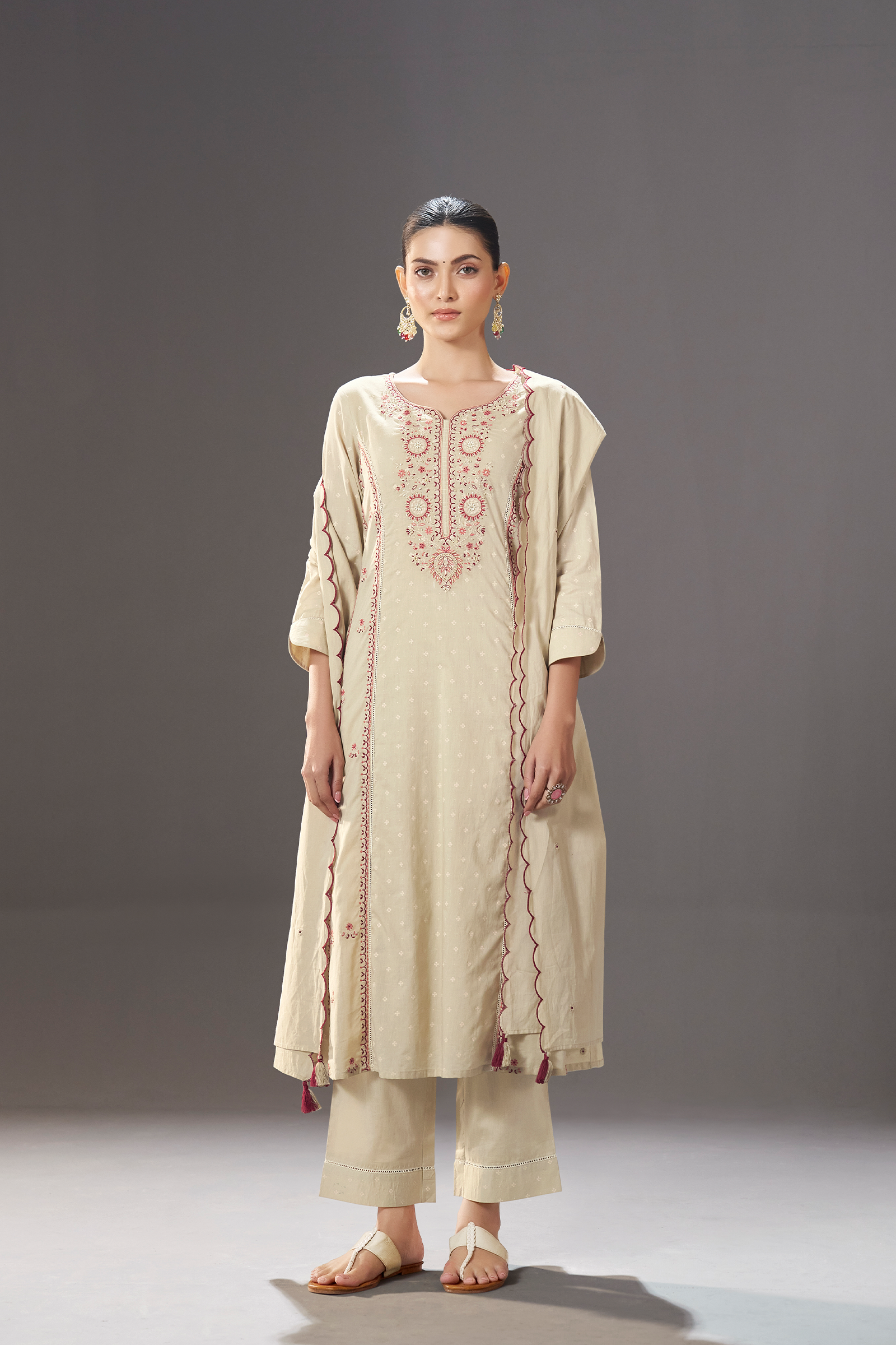 Cream Taupe Table Print Embroidered Kurta Set