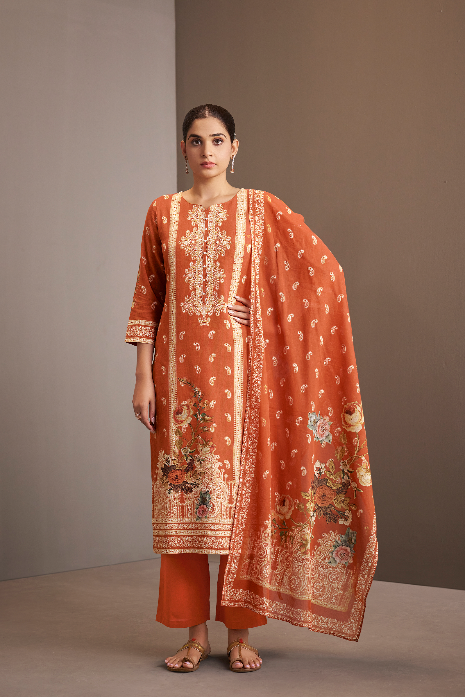Rust Amber Cotton Linen Digital Printed Kurta Set