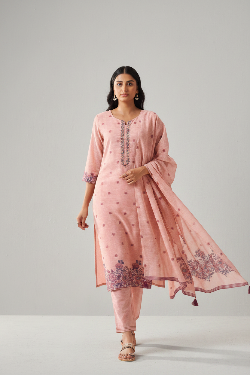 Truffle Pink Linen Chanderi Jacquard Kurta Set