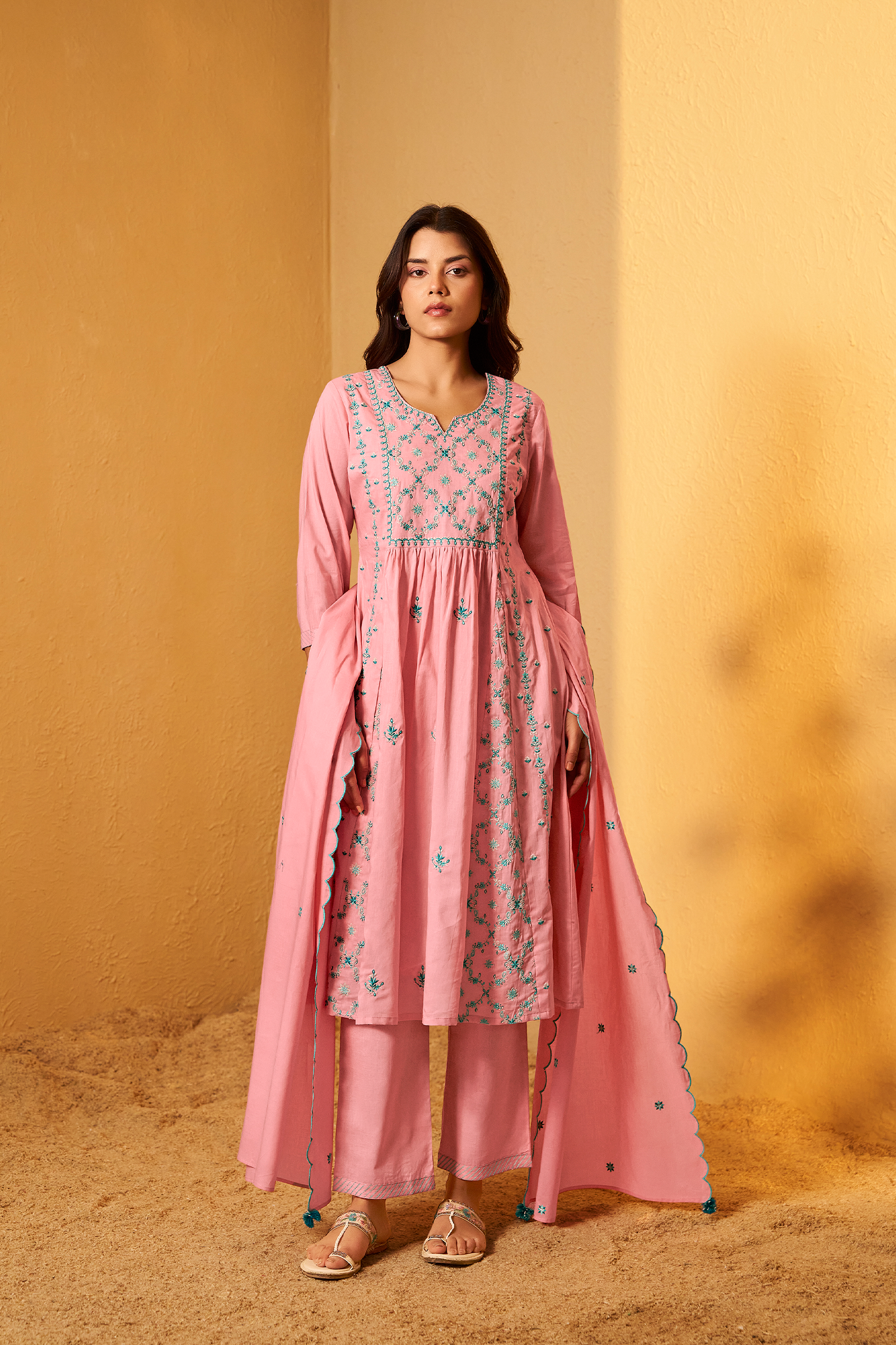 Gulabi Mist A-Line Cotton Embroidery Kurta Set