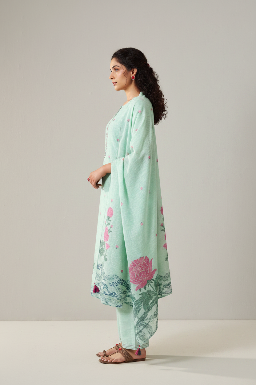 Mint Peony Linen Chanderi Jacquard Kurta Set