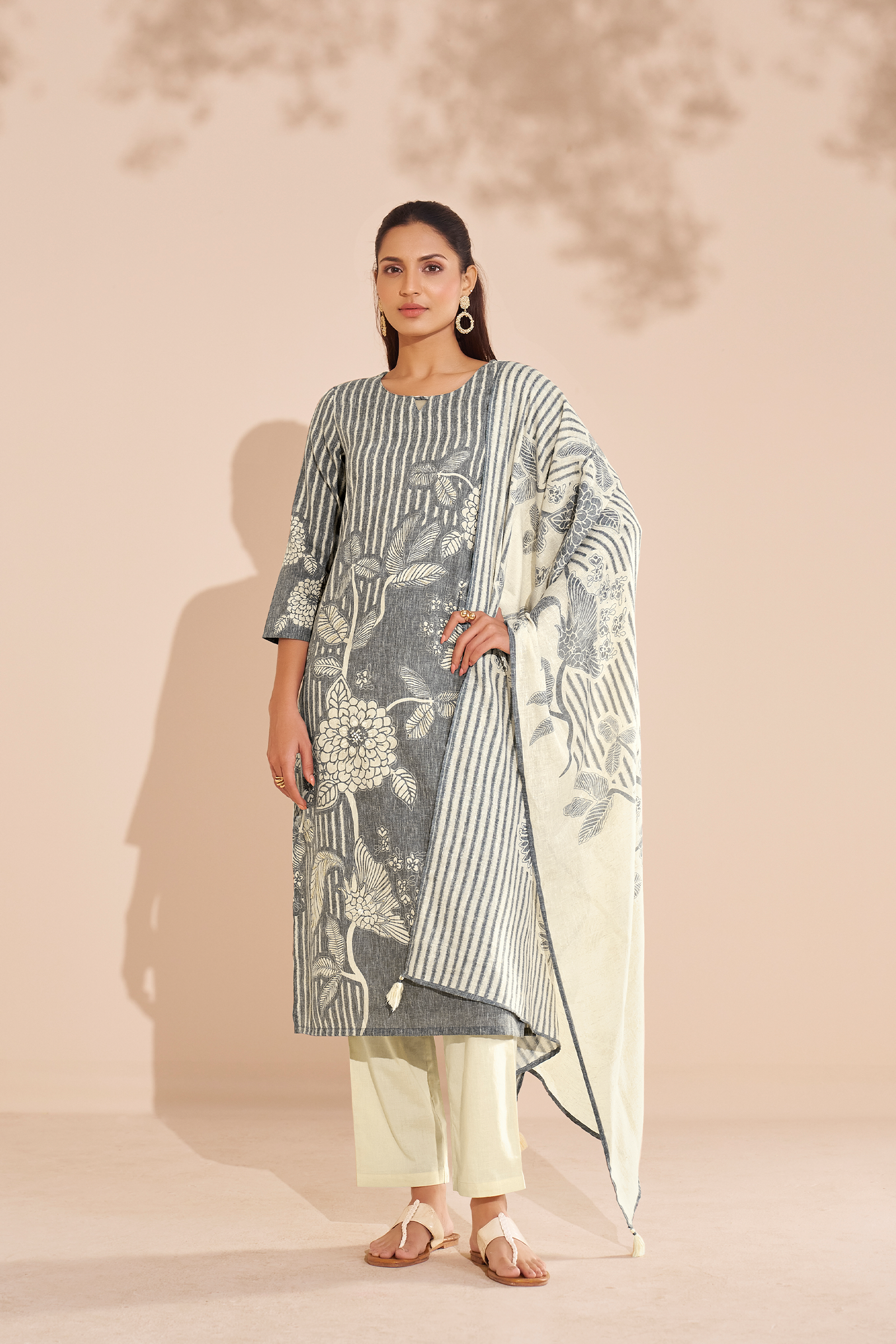 Ash Grey Cotton Linen Digital Printed Kurta Set