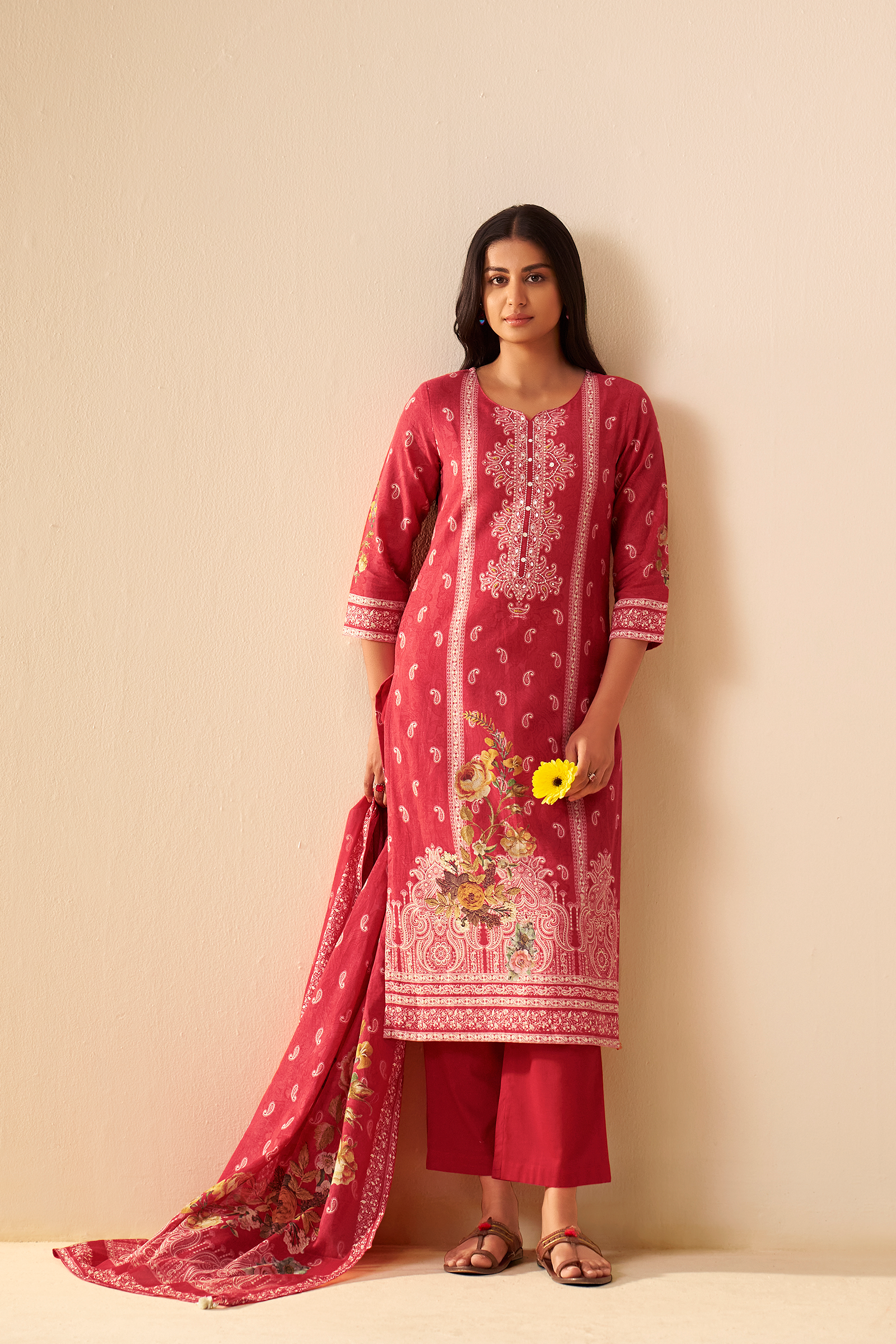Carmine Floral Cotton Linen Digital Printed Kurta Set