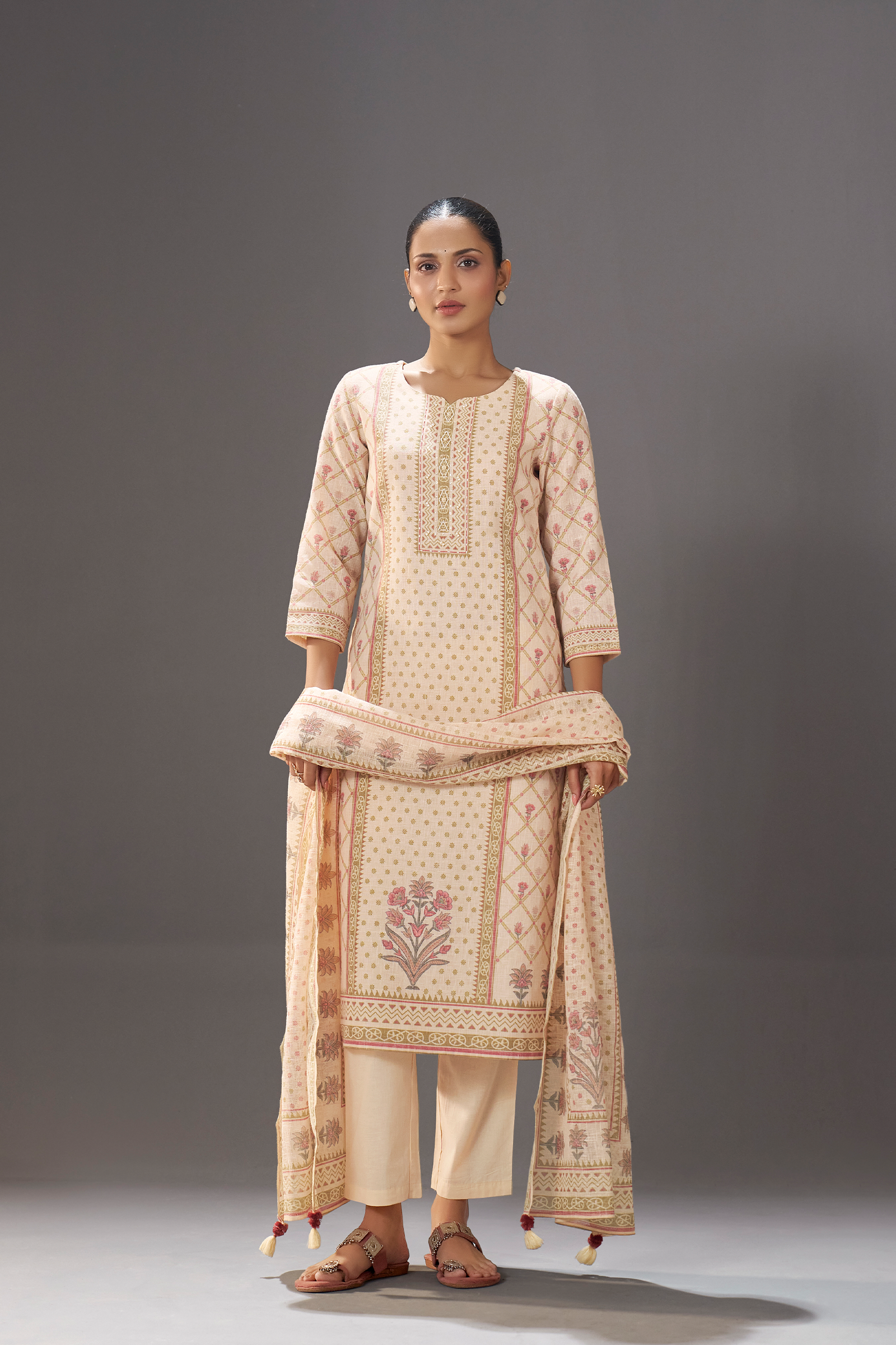 Blush Ivory Buti Linen Cotton Digital Printed Kurta Set
