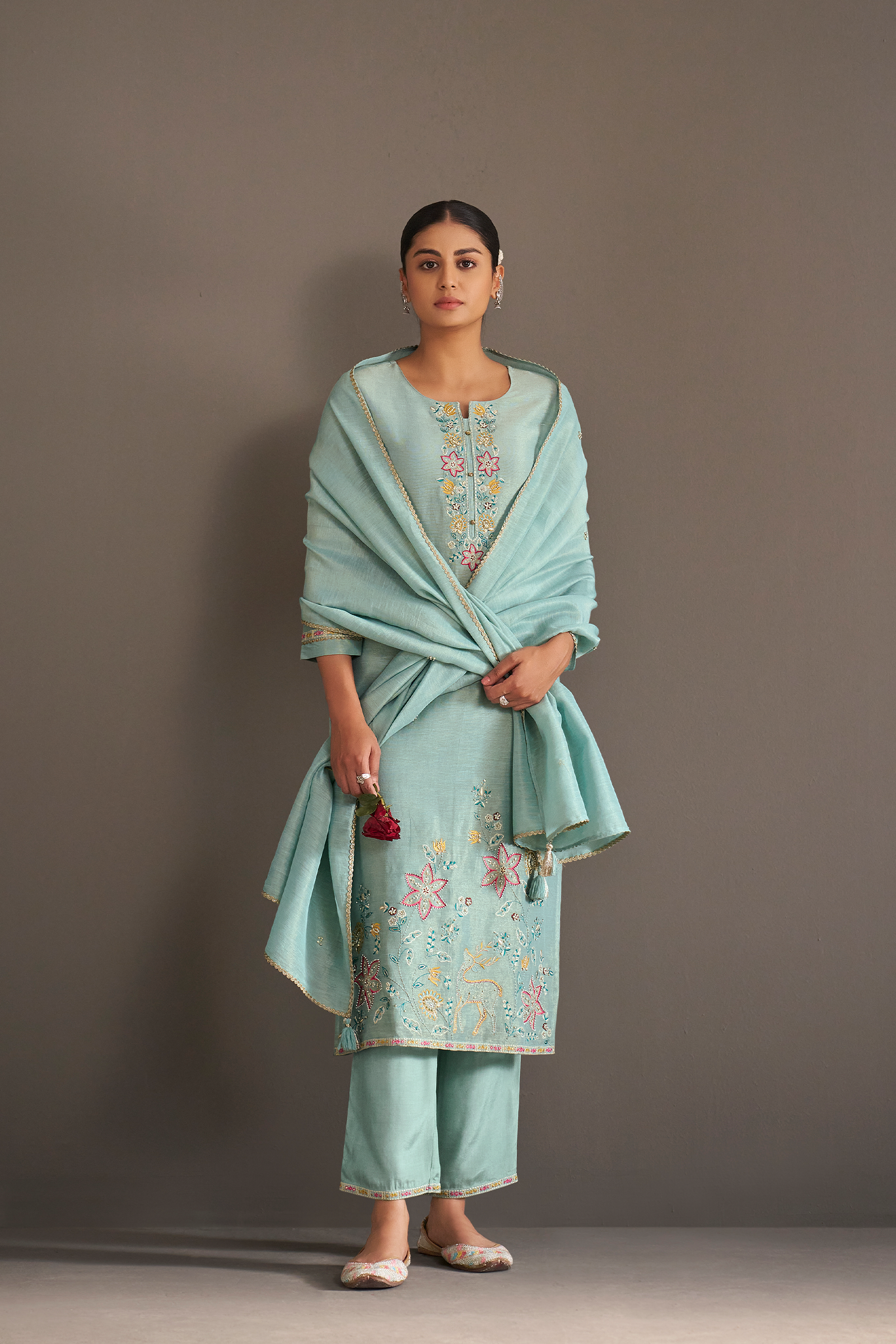 Seafoam Blue Shimmer Linen Embroidered Kurta Set