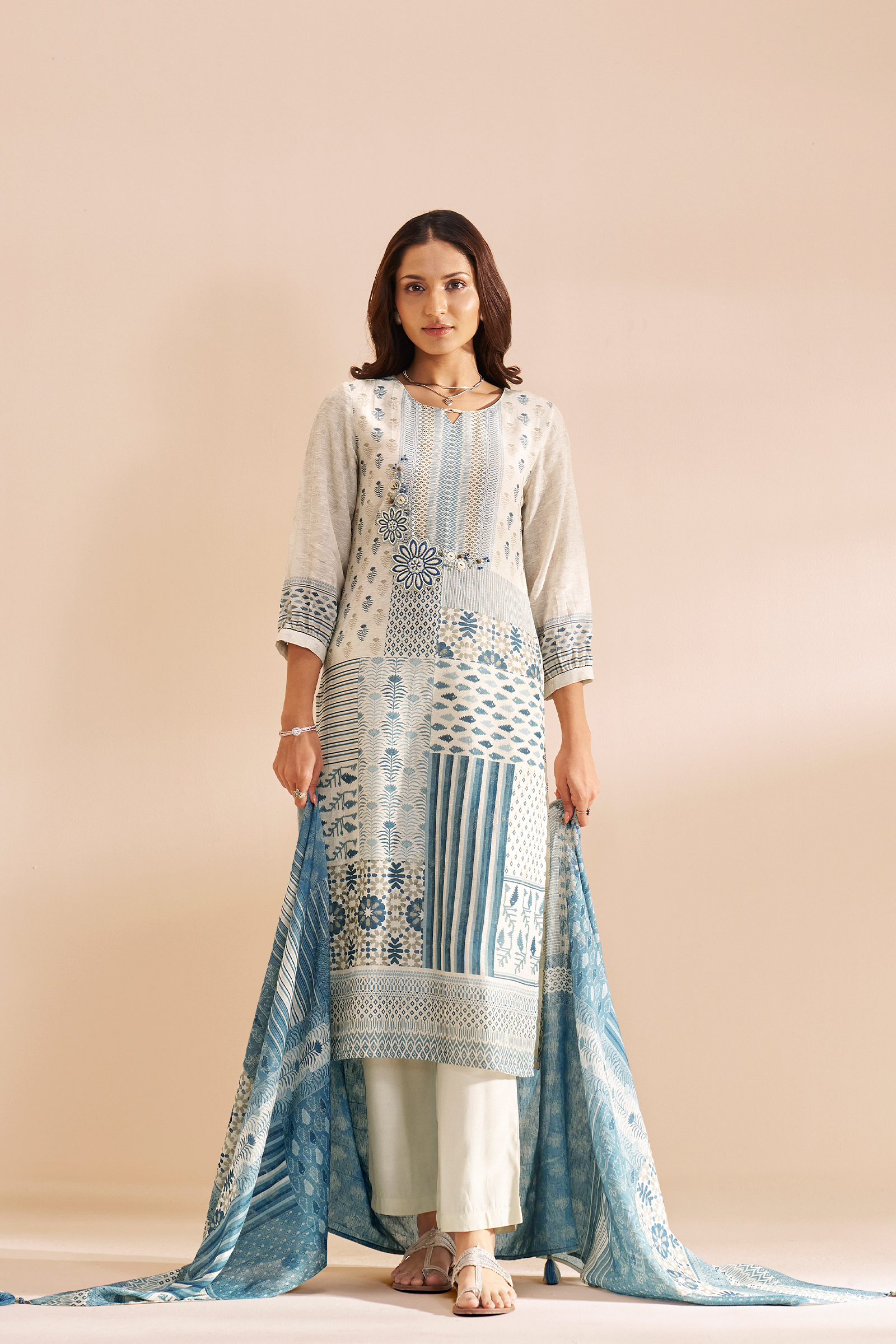 Moonstone white aqua Mosaic Pure Chanderi Digital Printed Kurta Set