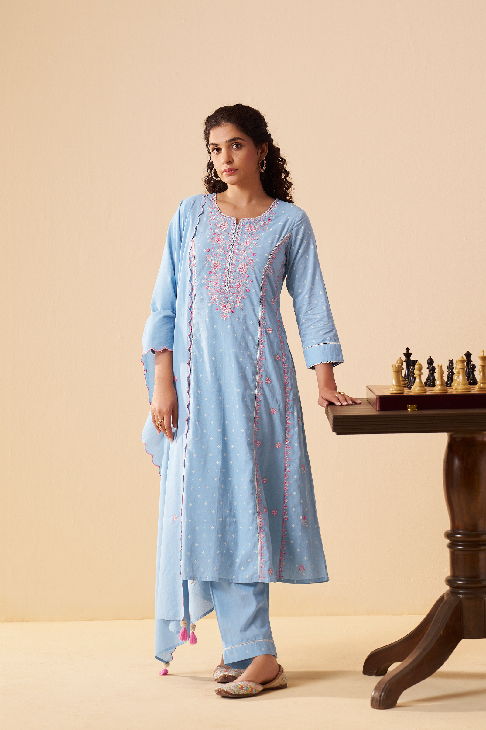 Pastel Sky Table Print Embroidered Kurta Set